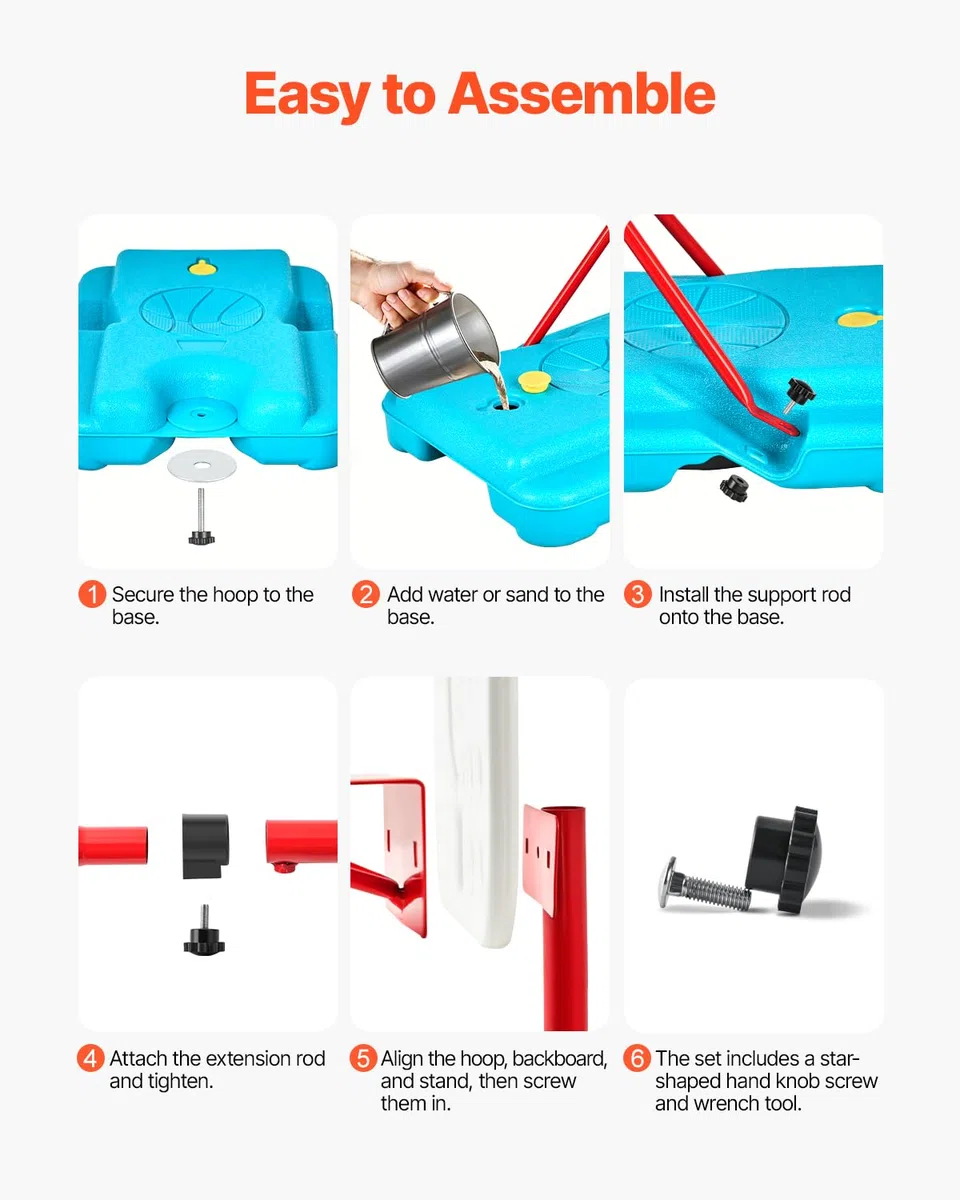 VEVOR Canestro da Basket per Bambini, Altezza Regolabile, Campo da Basket Portatile con Base Riempibile, Gioco Sportivo da Giardino per Interni ed Esterni, Giocattoli da Basket per Bambini, Rosso Blu