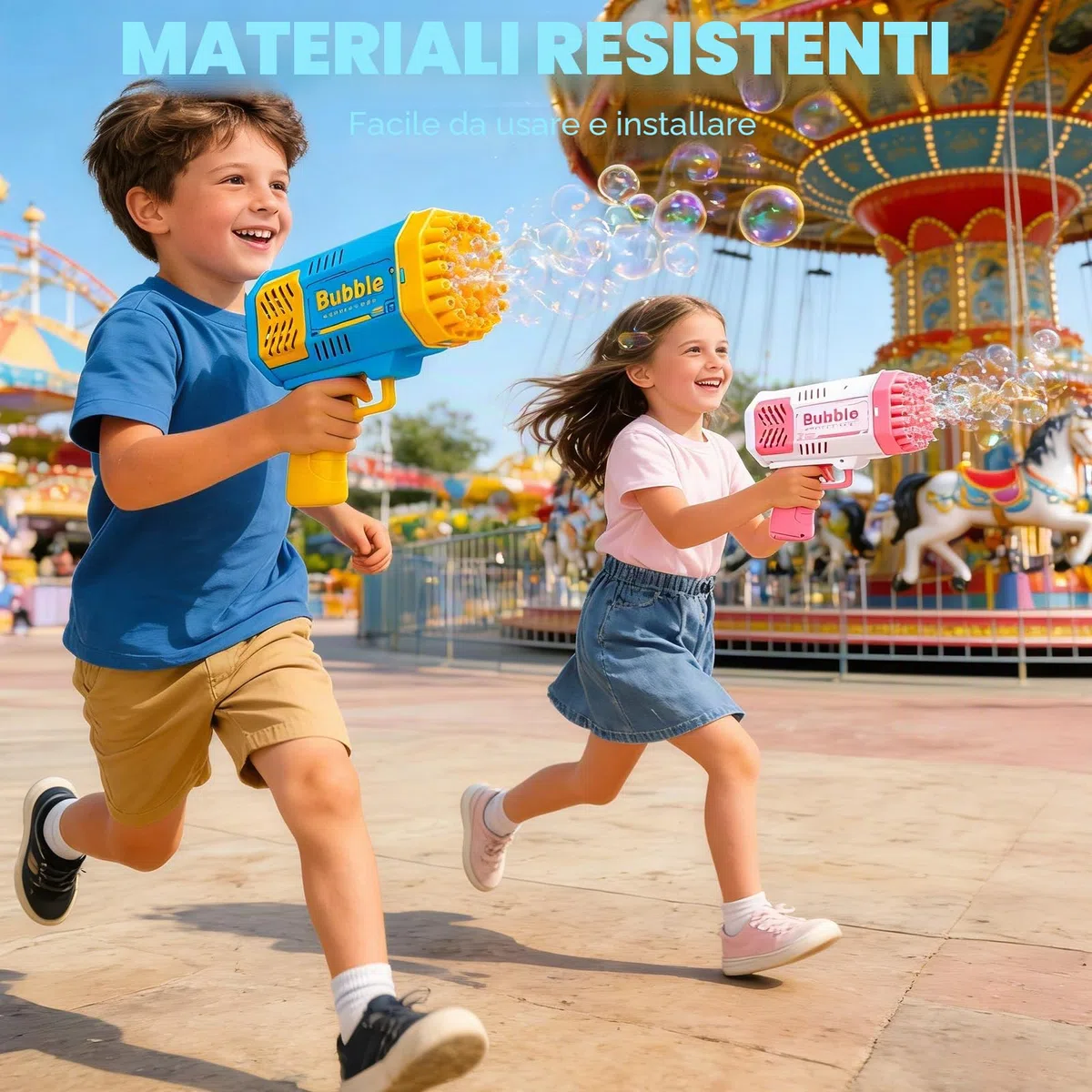Pistola a Bolle per Bambini, Macchina per Bolle Elettrica Automatica per Bambini con 2 Pezzi Soluzione Bolla, 10000 + Bolle/Min, Luce LED, Estate per Festa, Spiaggia, Compleanno, Matrimoni