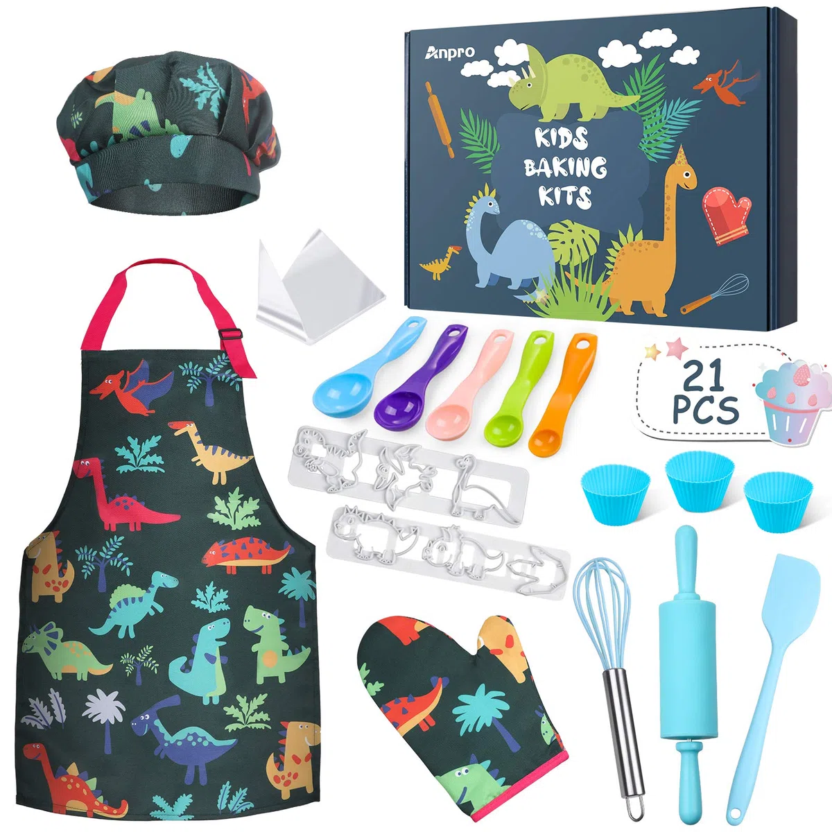 Anpro 27 Pezzi Set da Cucina per Bambini, Dinosauro Set di Chef Gioco di Utensili Bambini da Accessori, Cuoco Cappello Utensili da Cucina Mitt, Ideale Regalo di Compleanno e Natale, 3-7 Anni
