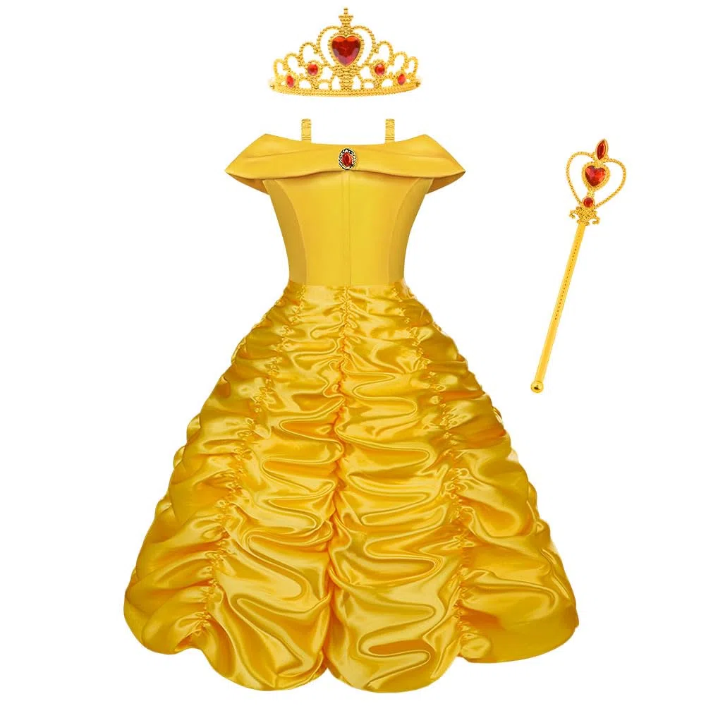 Vicloon Belle Cosplay Costume, Principessa Belle Carnevali Costume Vestito da Ragazza con Principessa Corona, Principessa Bacchetta, Festa di Compleanno Natale Holloween Cosplay Party, 130CM