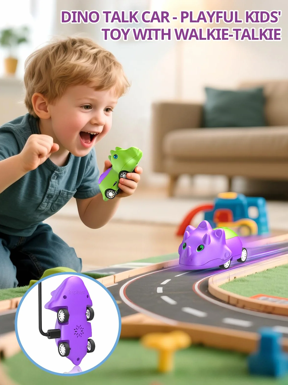 Inspireyes Walkie-Talkie Dinosauro per Bambini, Ricaricabili, Macchinine Giocattolo per Bambini e Bambine 3–7 Anni, Divertente Interno ed Esterno, Regalo di Compleanno e Natale per Bambini, Set da 2
