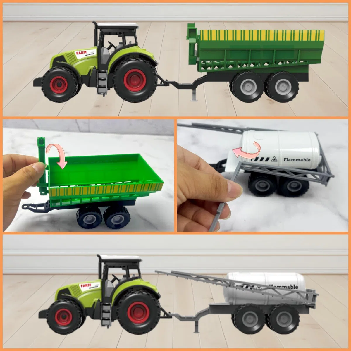 Scala 1:36 macchinina agricola inerziale per bambini, trinciacaricatrice, azienda agricola, agricoltura，3 effetti sonori simulati, luci, trattore + 2 rimorchi (Trattore + rimorchio)