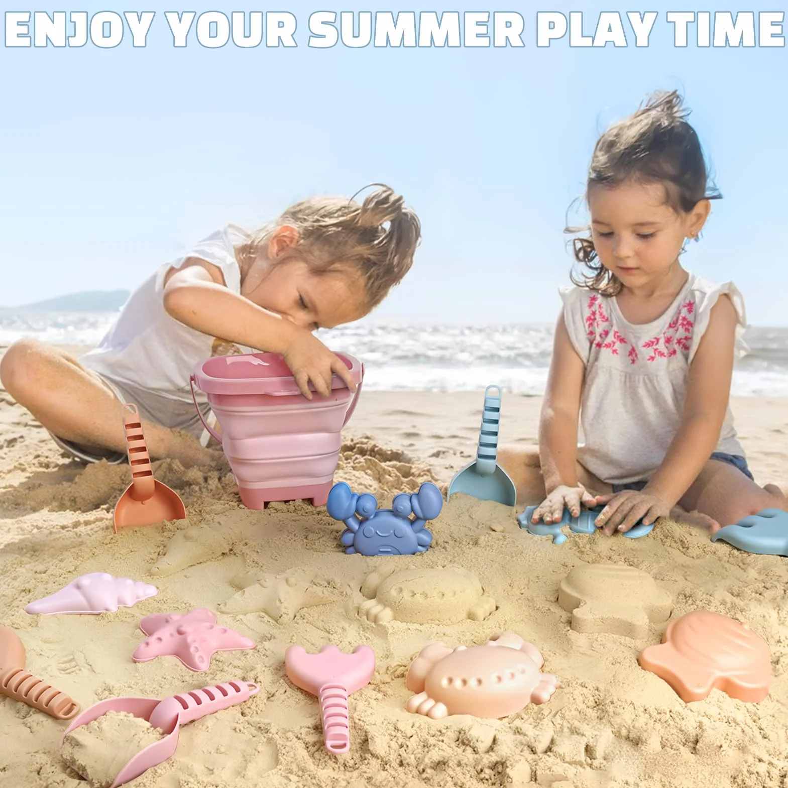 Dreamon Giochi Spiaggia Bambini, 18 Pezzi Giochi Mare con Secchiello Spiaggia Bambini Pieghevole Paletta Borsa Rete Giochi Spiaggia