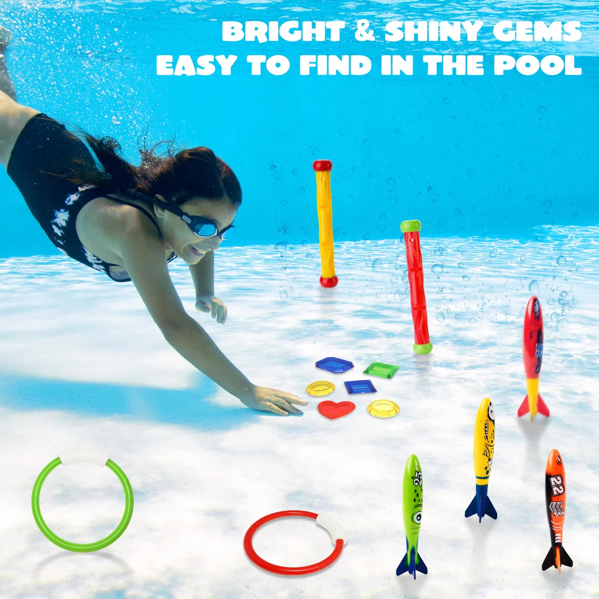 JOYIN 18 Pezzi Piscina Immersione Giocattolo Anelli di Nuoto Bastoncini da Immersione e Banditi Toypedo con Set Regalo Tesori Subacquei Giochi da Immersione Sott'Acqua