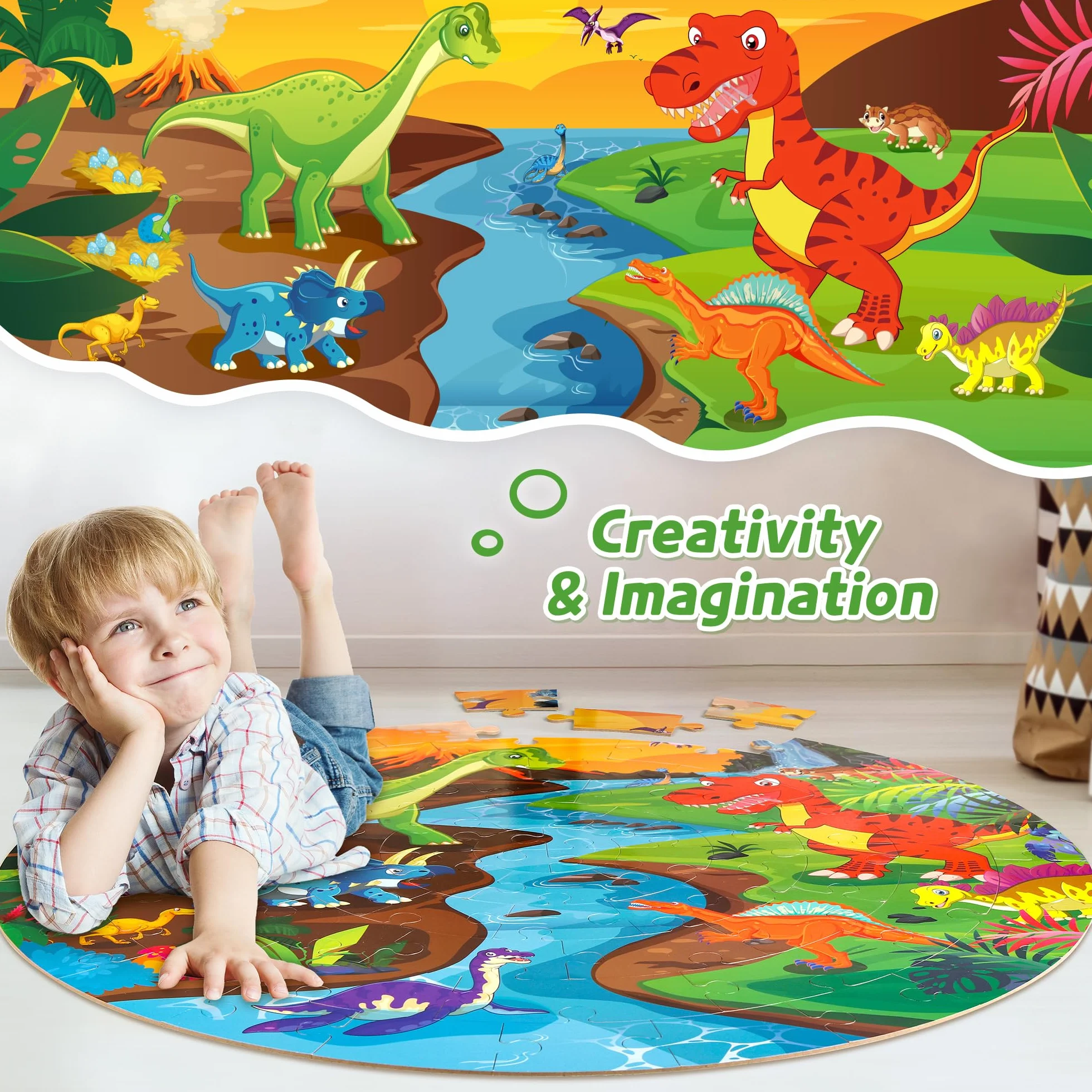 SYNARRY Puzzle da Pavimento Dinosauri in Legno Bambini 3 4 5 6 7 8 Anni, 70 Pezzi Puzzle Dinosauri, Giocattoli Educativi Prescolari Regali