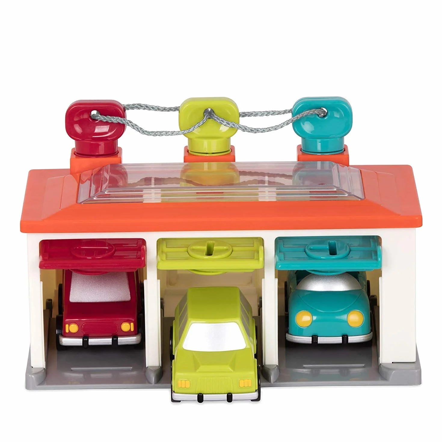 Battat - Garage per 3 Auto - Garage per Auto Playset - Giocattolo Causa-Effetto - Giocattolo di smistamento con codice Colore - 2 Anni +