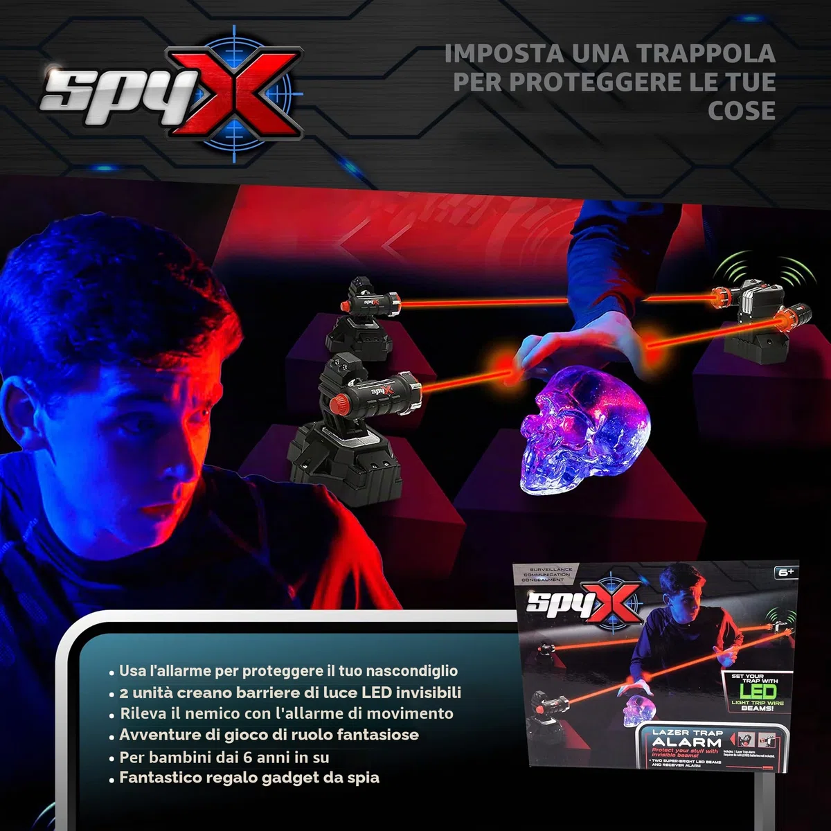 SpyX Lazer - Allarme Trappola per Bambini, proteggiti con fasci di Filo a LED Invisibili, per Divertenti missioni Spia, Include 2 fasci Super Luminosi e Ricevitore di Allarme, dai 6 Anni in su