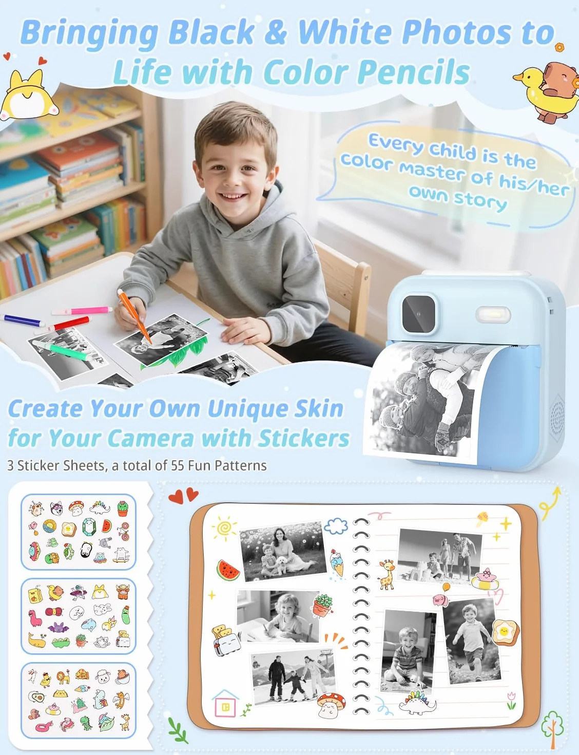 YOHOOLYO Macchina Fotografica Bambini Istantanea 2.4 Pollici, 1080P HD con scheda SD da 32GB, 6 penne colorate e 3 rotoli di carta da stampa, regalo per bambini da 3 a 14 anni-Rosa (Blu)