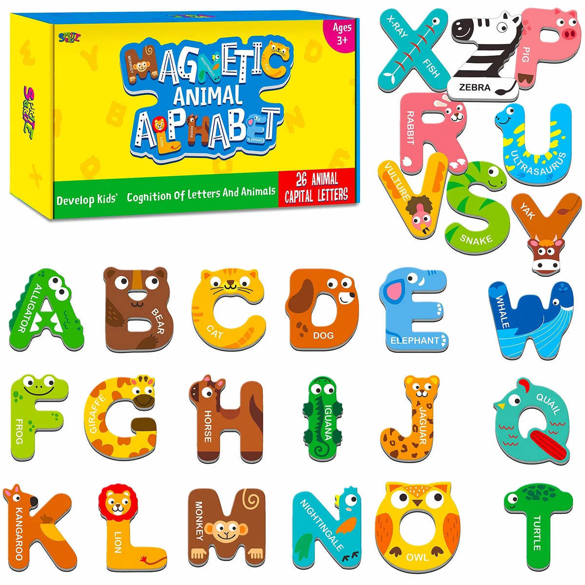 Lettere magnetiche di grandi dimensioni, Simpatici magneti ABC con alfabeto, Giocattoli animali maiuscoli, Giochi educativi per l'apprendimento dell'ortografia per bambini, Bambini 3 4 5 anni