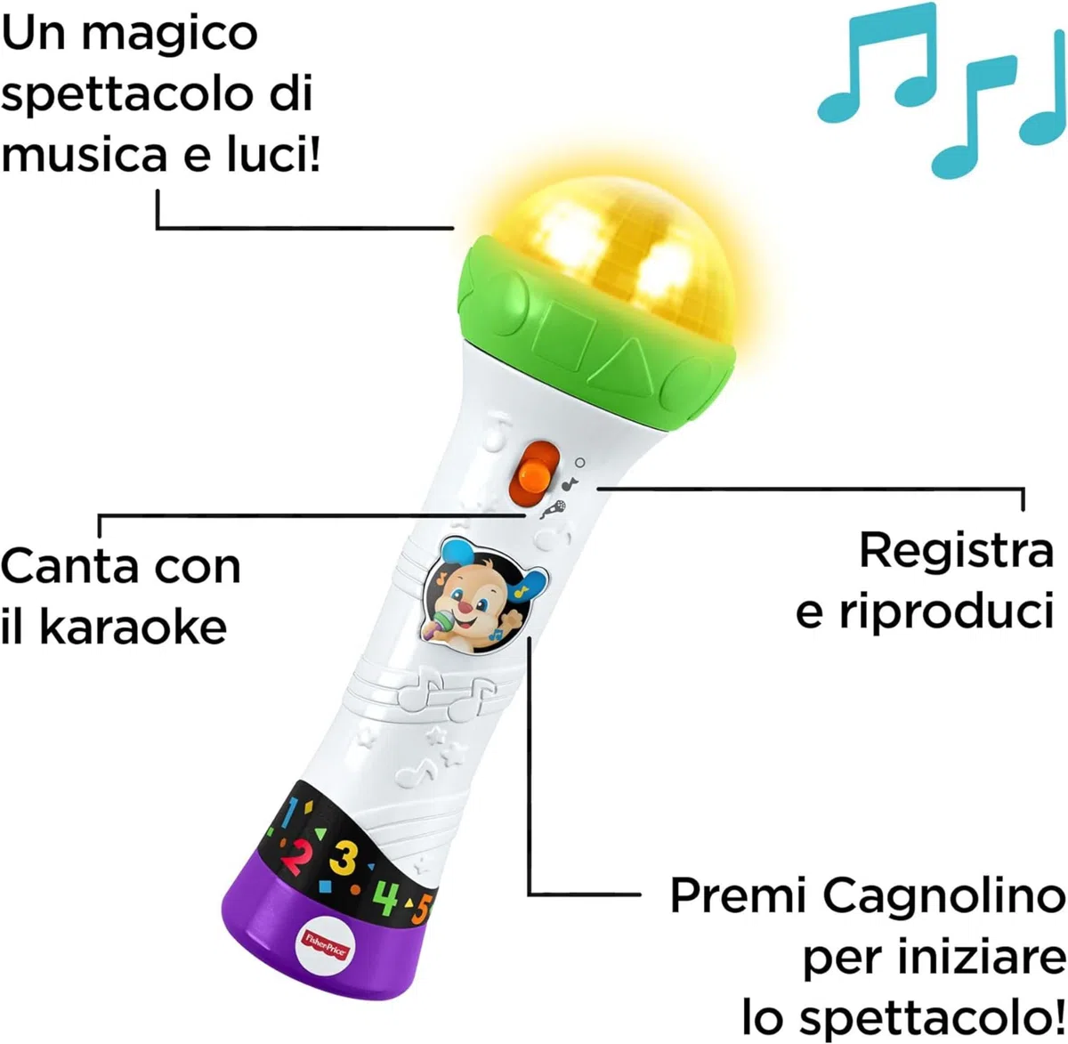 Fisher-Price Microfono Baby Rock, Giocattolo per Imparare Cantando con 2 modalità di Gioco, per Bambini 18 + Mesi, Versione Italiana, FBP33