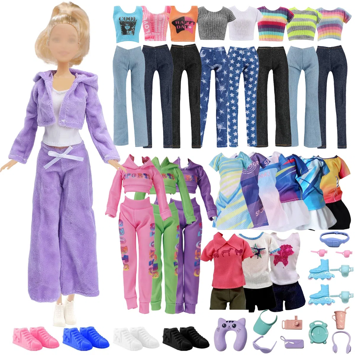 32 pezzi Abbigliamento Bambola e Accessori, 2 Felpa con Cappuccio 4 T-Shirt 4 Pantaloni Lunghi 1 Pantaloncini 2 Vestito 4 Flats 15 Accessori Sport 11.5 Pollici Ragazza Regalo di Compleanno Casuale