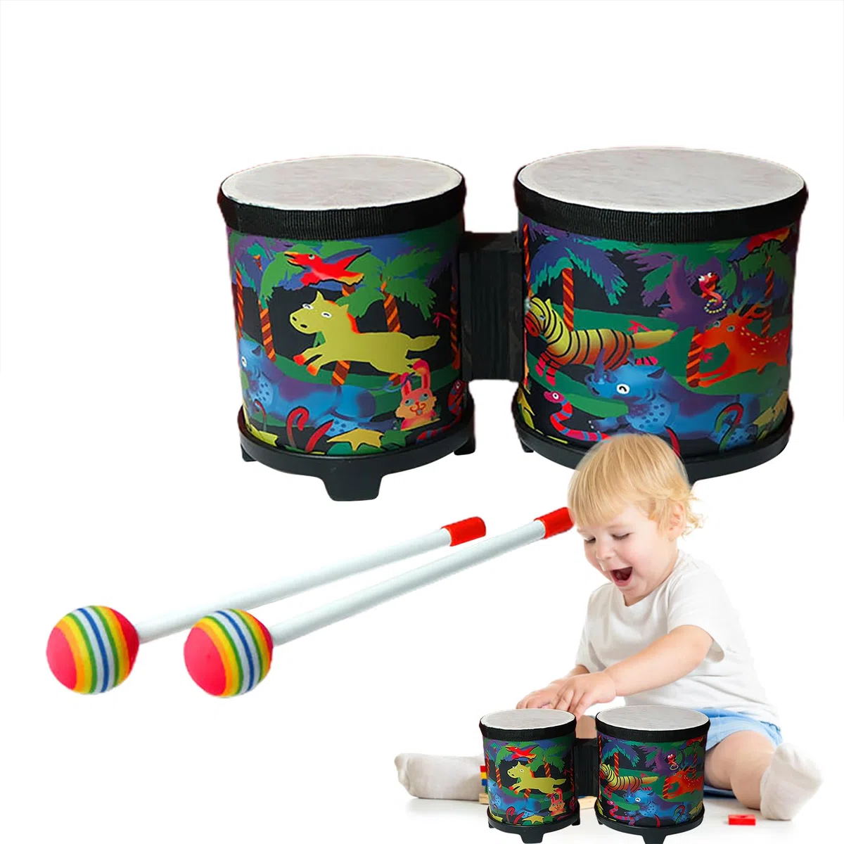 Tamburi Bongo Professionali In Legno Per Bambini E Adulti - Strumento Musicale A Percussione Con Supporto, 2 Bacchette Colorate, Set Di Tamburi Bongo Realizzati A Mano | Ideale Per Insegnamento E Intr
