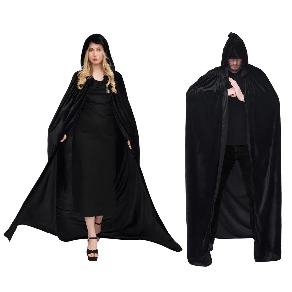 Myir JUN Mantello con Cappuccio Velluto, Adulto Bambini Halloween Mantelli Lungo Halloween Costume Unisex Strega Wicca (L, Nero)