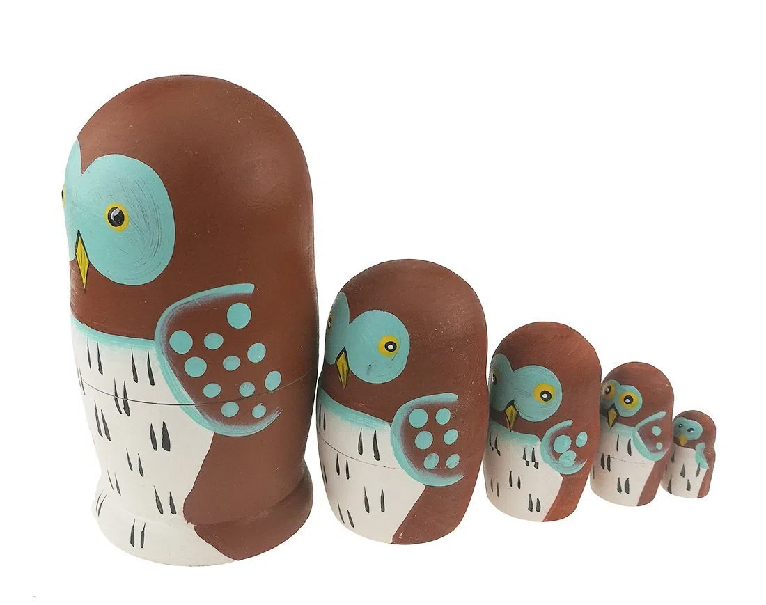 Set di 5 adorabili bambole a forma di gufo, giocattolo impilabile in legno, fatto a mano, per bambini, novità per feste a forma di animale e regali ornamentali
