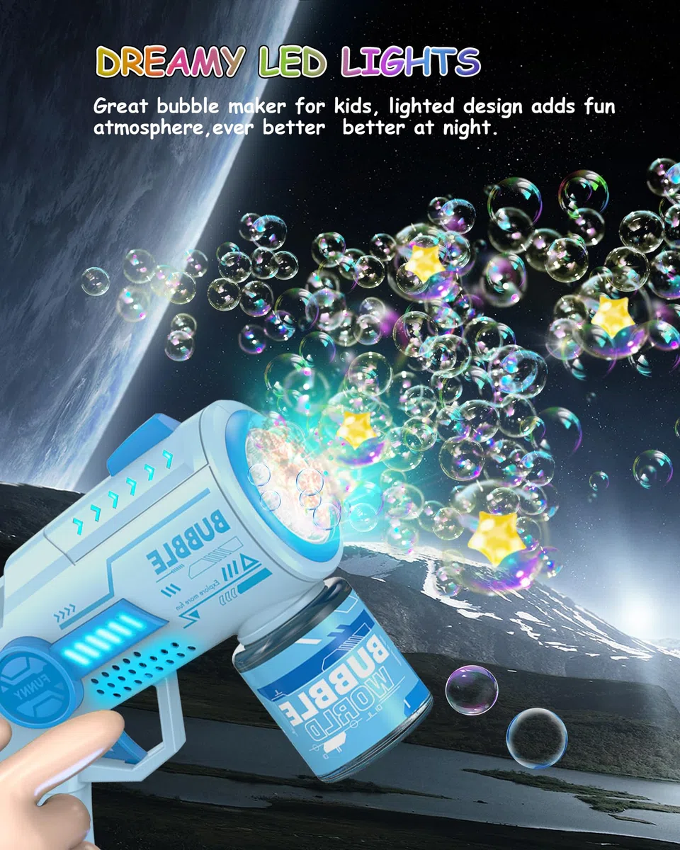 Pistola a Bolle per Bambini, Automatica Macchina di Sapone con 10 Pezzi Particella Concentrata a Bolla, 6000 + Bolle/Min, Luce LED, Estate per Festa/Spiaggia/Compleanno/Matrimonio(Blu)