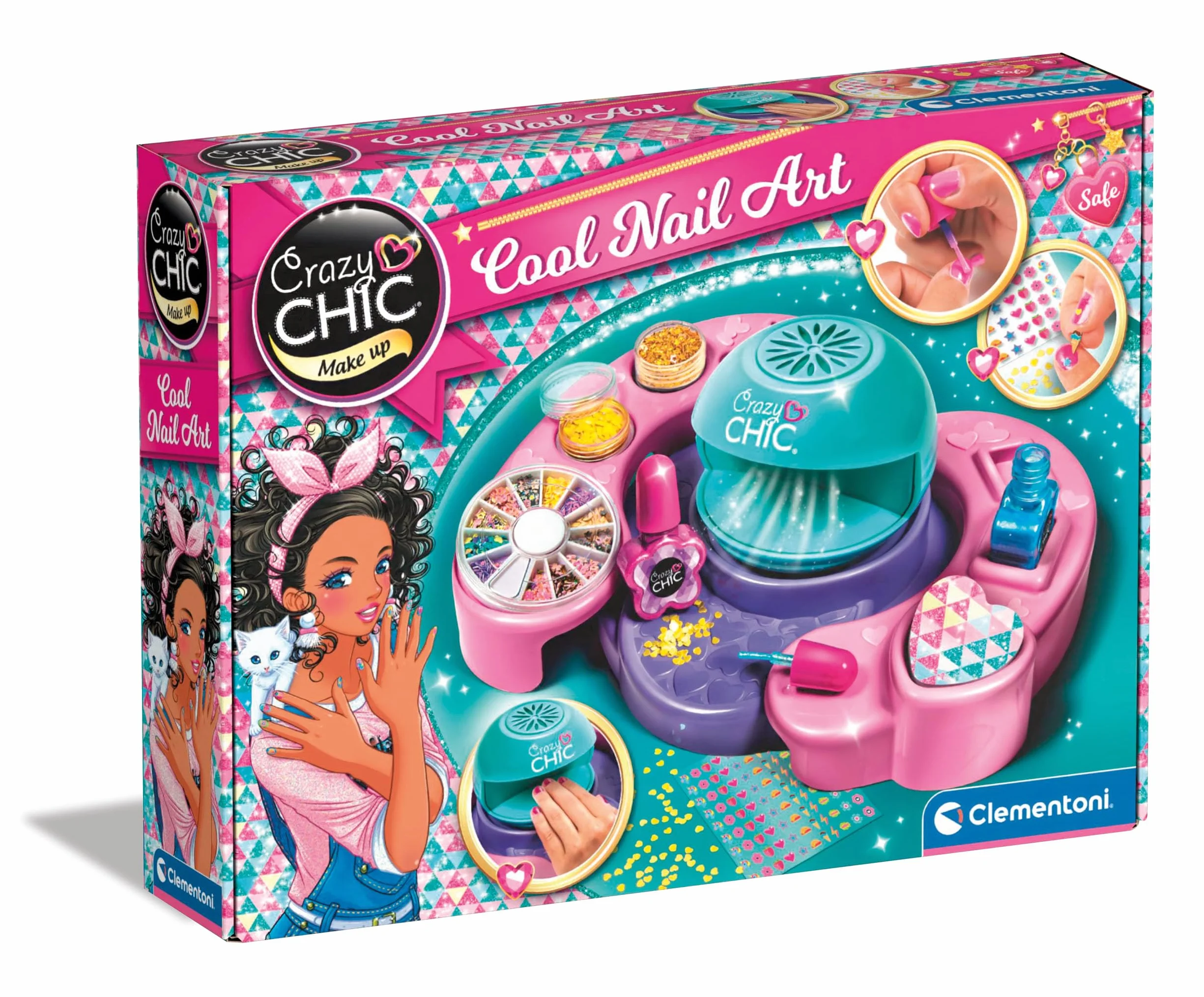 Clementoni - Set per Decorare Unghie Bambina, Crazy Chic Cool Nails, Gioco Creativo, Atelier Unghie con Smalti e Macchina Asciugasmalto, Idea Regalo per Bambine 6 Anni, 18599