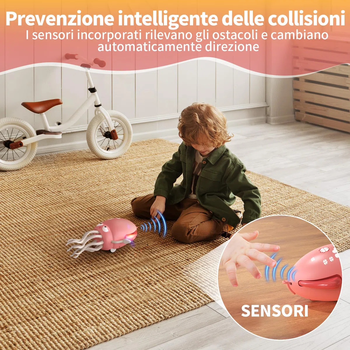 Giocattolo interattivo a forma di polpo, polpo danzante con illuminazione a LED, sistema di evitamento ostacoli intelligente e musica, giocattolo per bambini da giocare a pancia in giù (rosso)