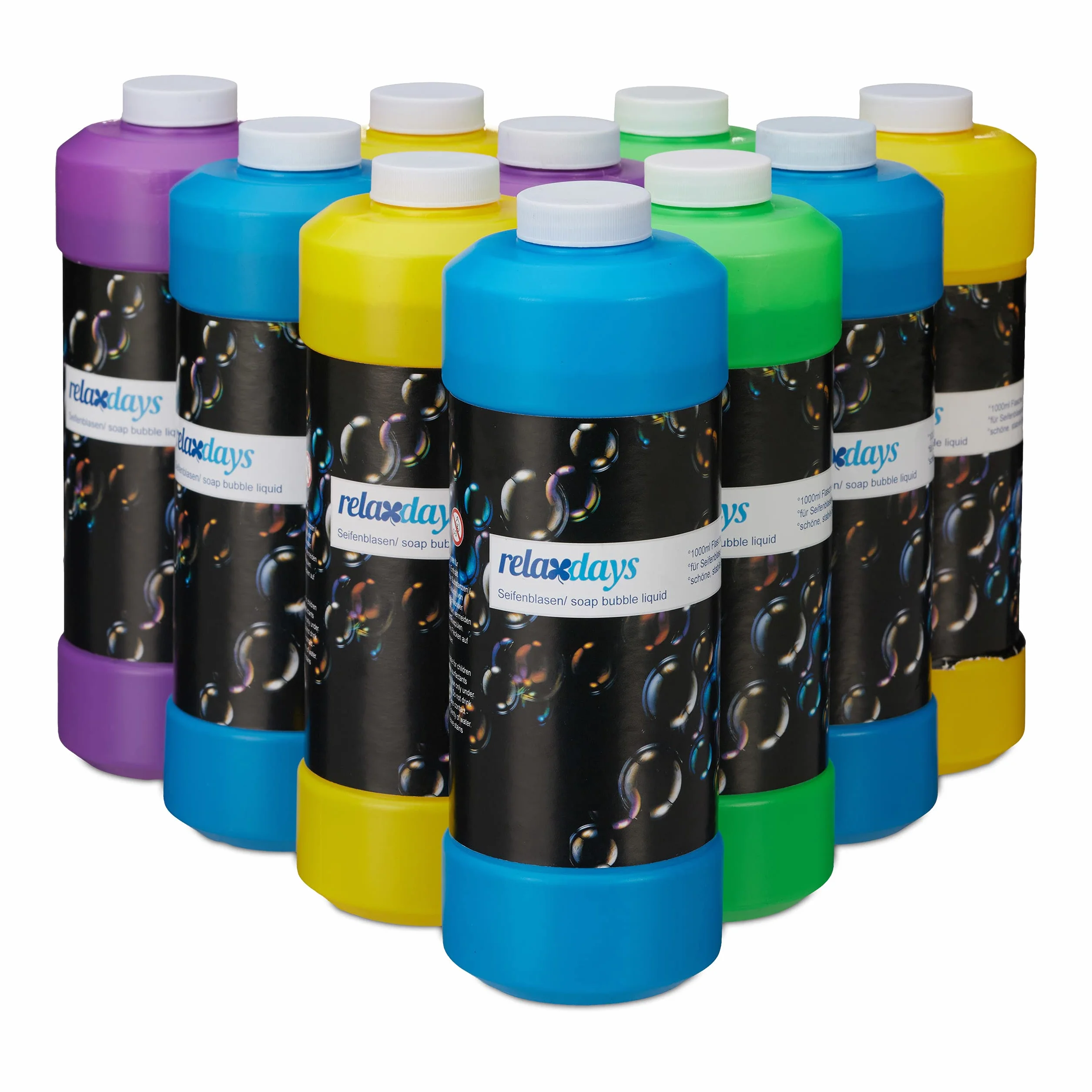 Relaxdays Flaconcino per Liquido per Bolle di Sapone, Flacone da 1 L da Riempire, per Macchine Sparabolle, Colori Assortiti