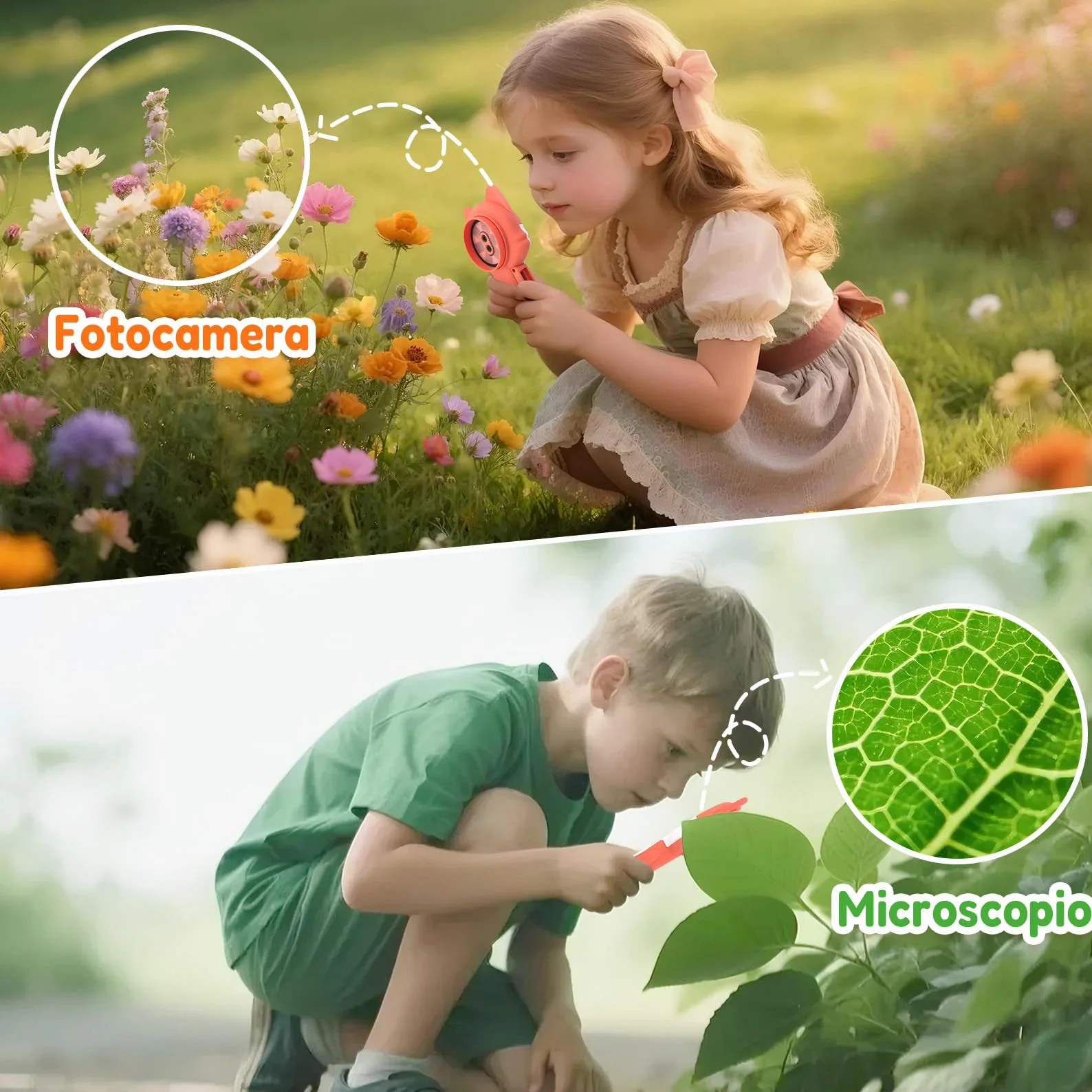Microscopio digitale 2 in 1 per bambini, un obiettivo per fotocamera e un obiettivo per microscopio, microscope for kids 100X, piccoli esploratori, 16GB, Volpe