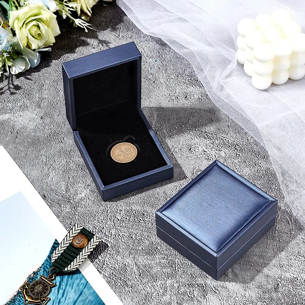 FINGERINSPIRE 2 scatole di presentazione di monete da 30 mm in acciaio blu rettangolare in similpelle con velluto per monete commemorative, medaglie, distintivi, confezione regalo