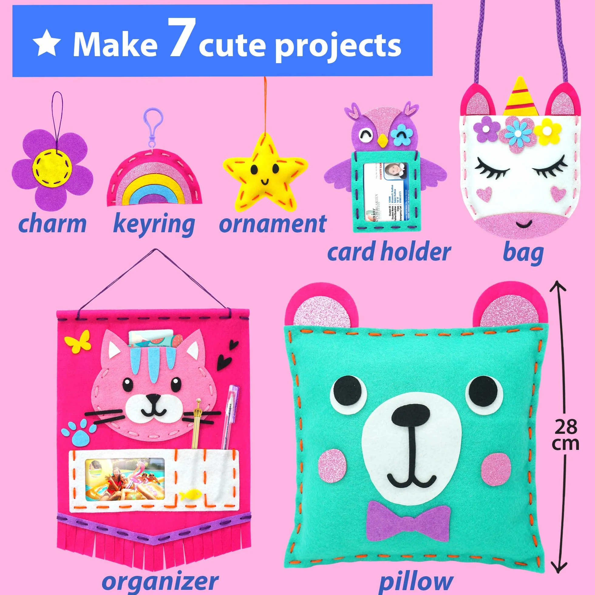 KRAFUN Kit da Cucito in Feltro per Bambini 5+ Anni, 7 Progetti Facili (Borse, Cuscini, Portachiavi), Istruzioni, Scatola Riutilizzabile, Giocattolo Educativo
