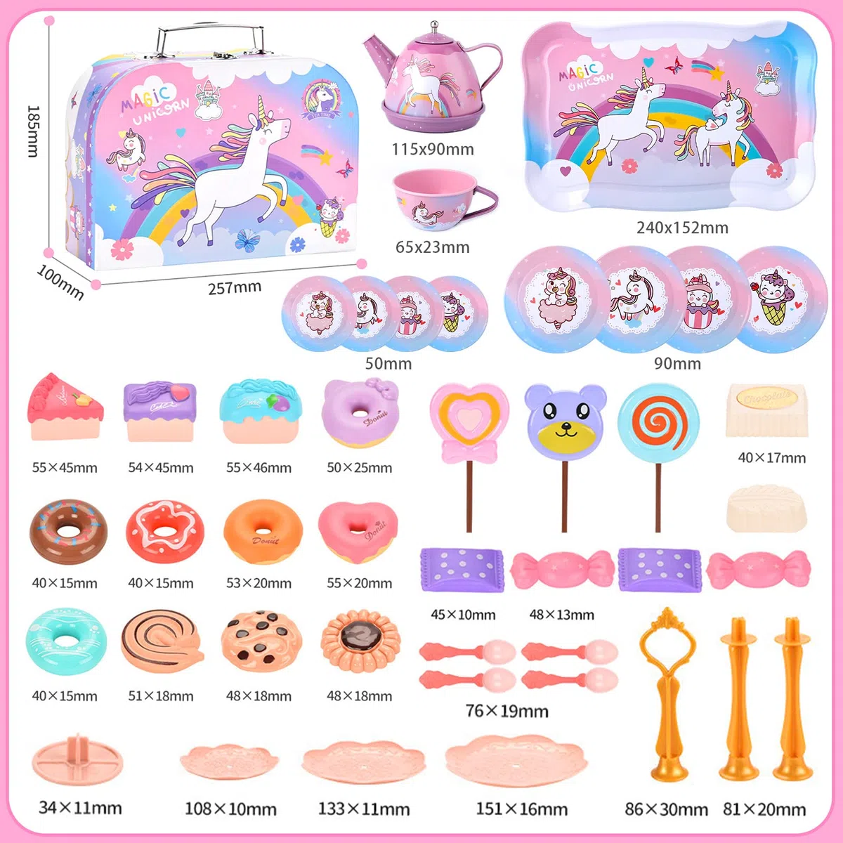 ENCOUN 48PCS Set da Tè per Bambini, Accessori Cucina Bambini, Set da Tè in Latta, Servizio da tè e Valigia Unicorno, Tea Party Finta di Giocare Unicorno Compleanno Regalo per Bambina 3 4 5 6 7 Anni