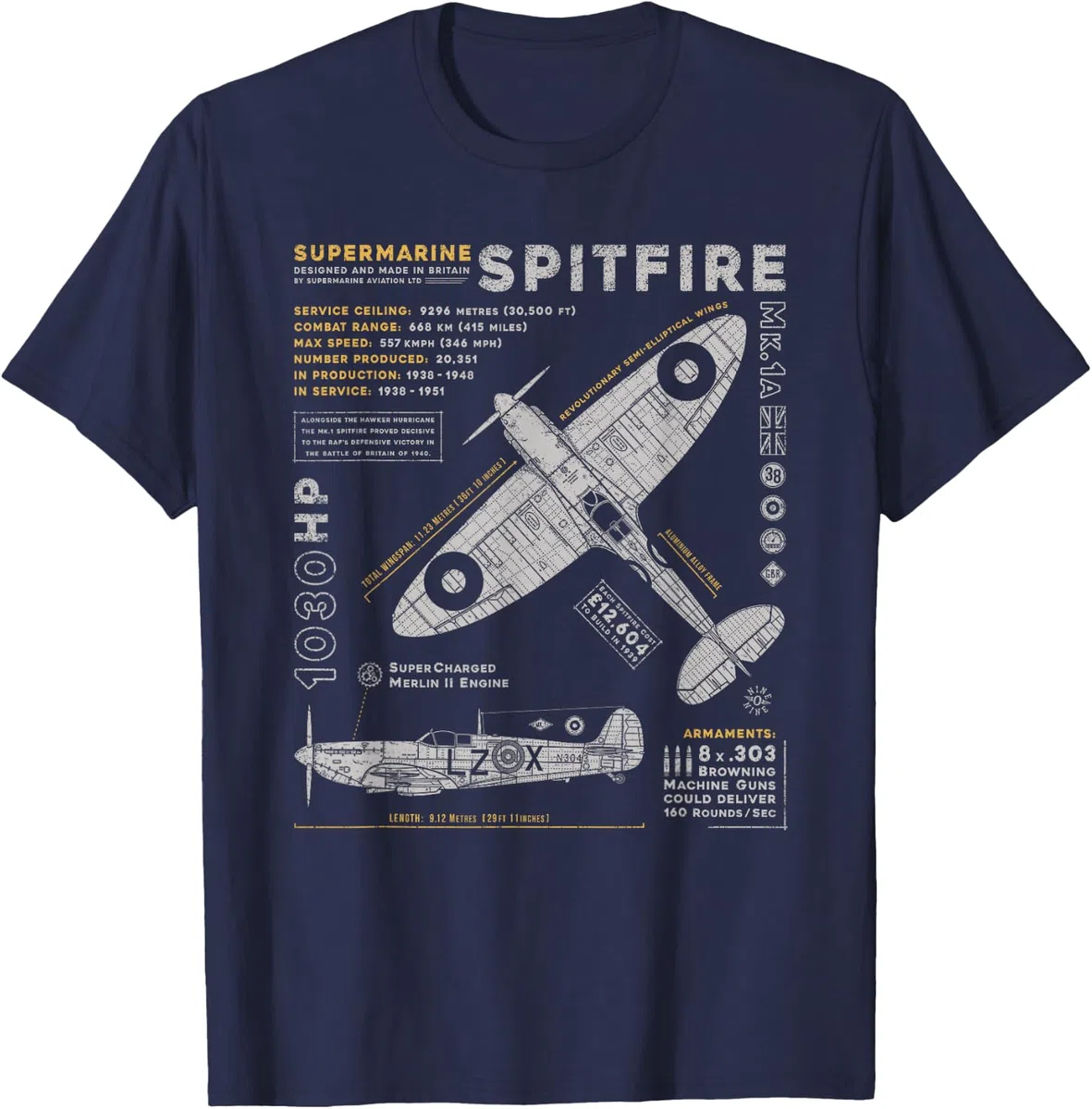 909 Apparel - Maglietta Vintage Spitfire Mk.1 | RAF British WWII Supermarine Fighter Plane - Blu, S