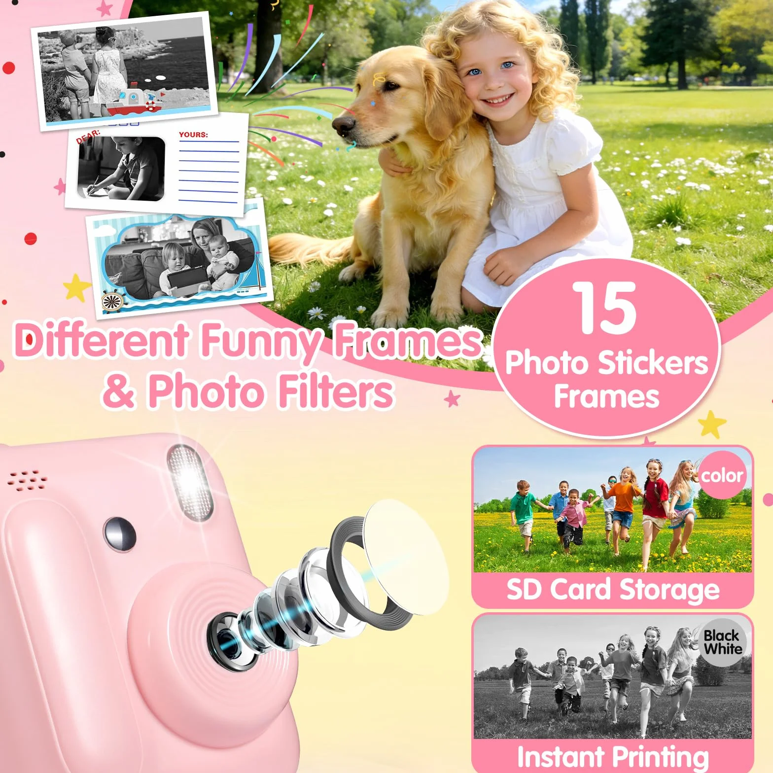 Macchina Fotografica Bambini Istantanea,2,4" Fotocamera Istantanea,1080P HD Fotocamera Digitale con 32 GB Scheda,6 Rotoli di Carta da Stampa e Penne Colorate,Regalo per Ragazze Ragazzi da 3-12