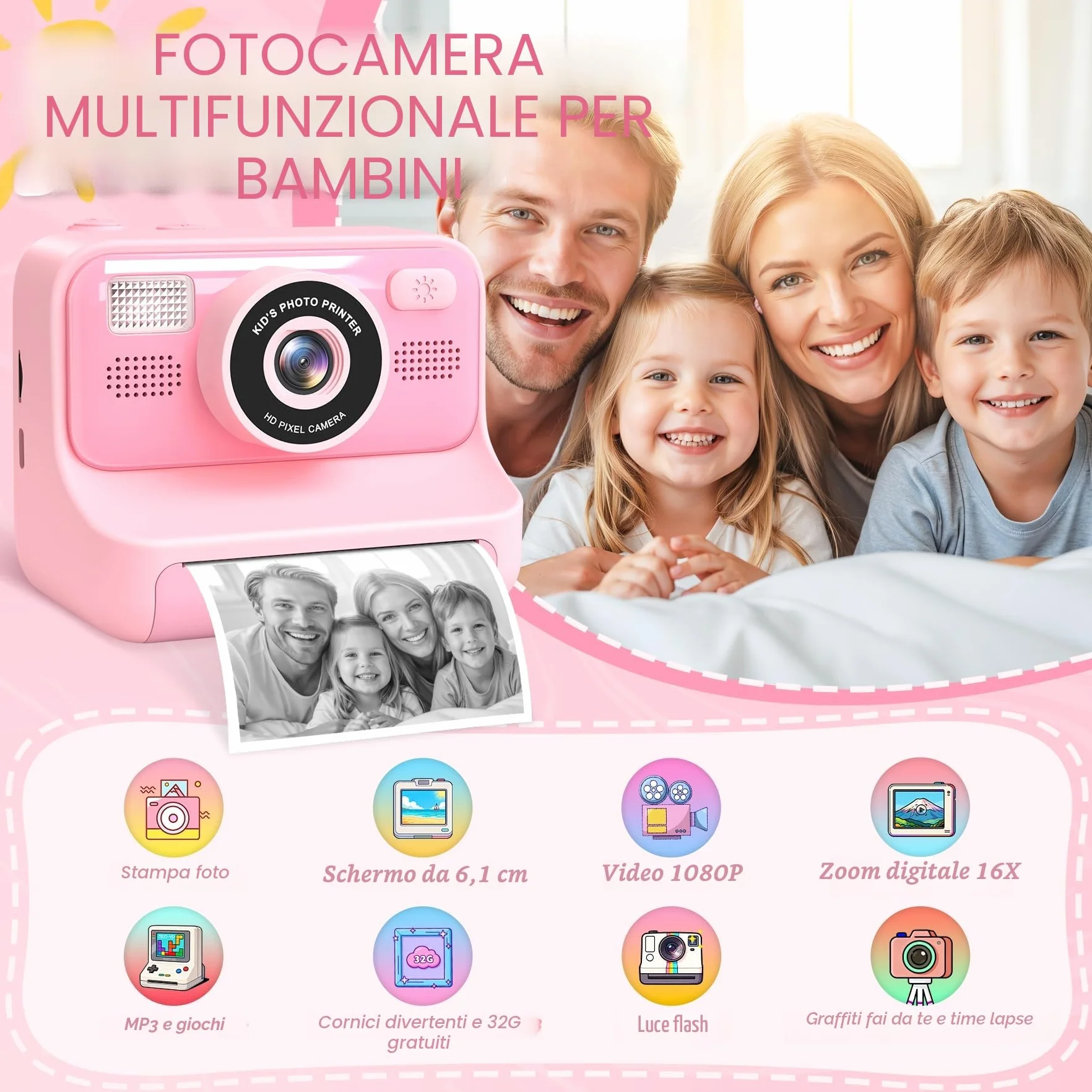 Macchina Fotografica Bambini, 2.4" HD Selfie Fotocamera Bambini con Scheda da 32 GB e 3 Rotoli di Carta da Stampa, Giochi Regalo Natale bambini bambino Nero digitale(Rosa)