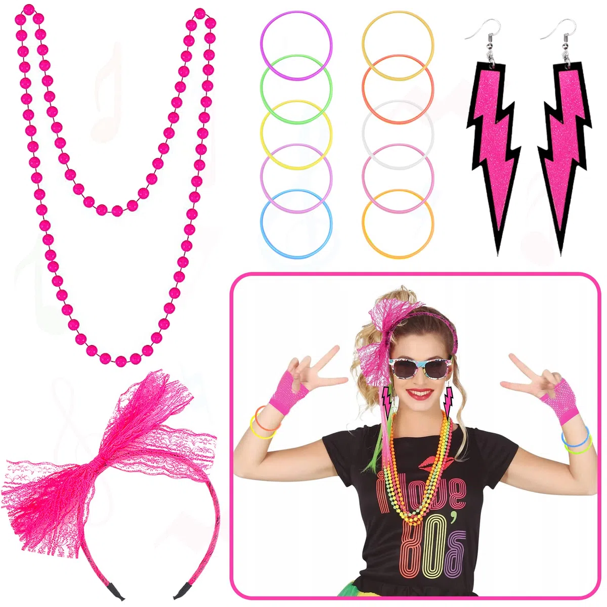 Set Accessori Costume Anni '80, T-Shirt Tutu Fascia per Capelli Collana Orecchino Scaldamuscoli Occhiali guanti a rete per feste retrò anni '80 feste in costume