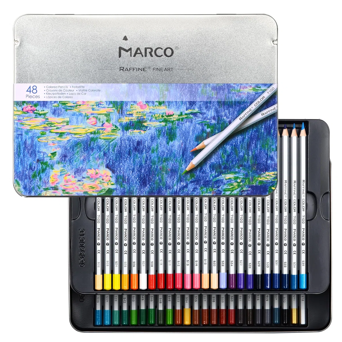 MARCO Matite Colorate a Base di Olio - 48 Colori, Mine Grosse - Ideali per Illustrazioni e Graffiti - In Scatola di Ferro per Principianti e Artisti