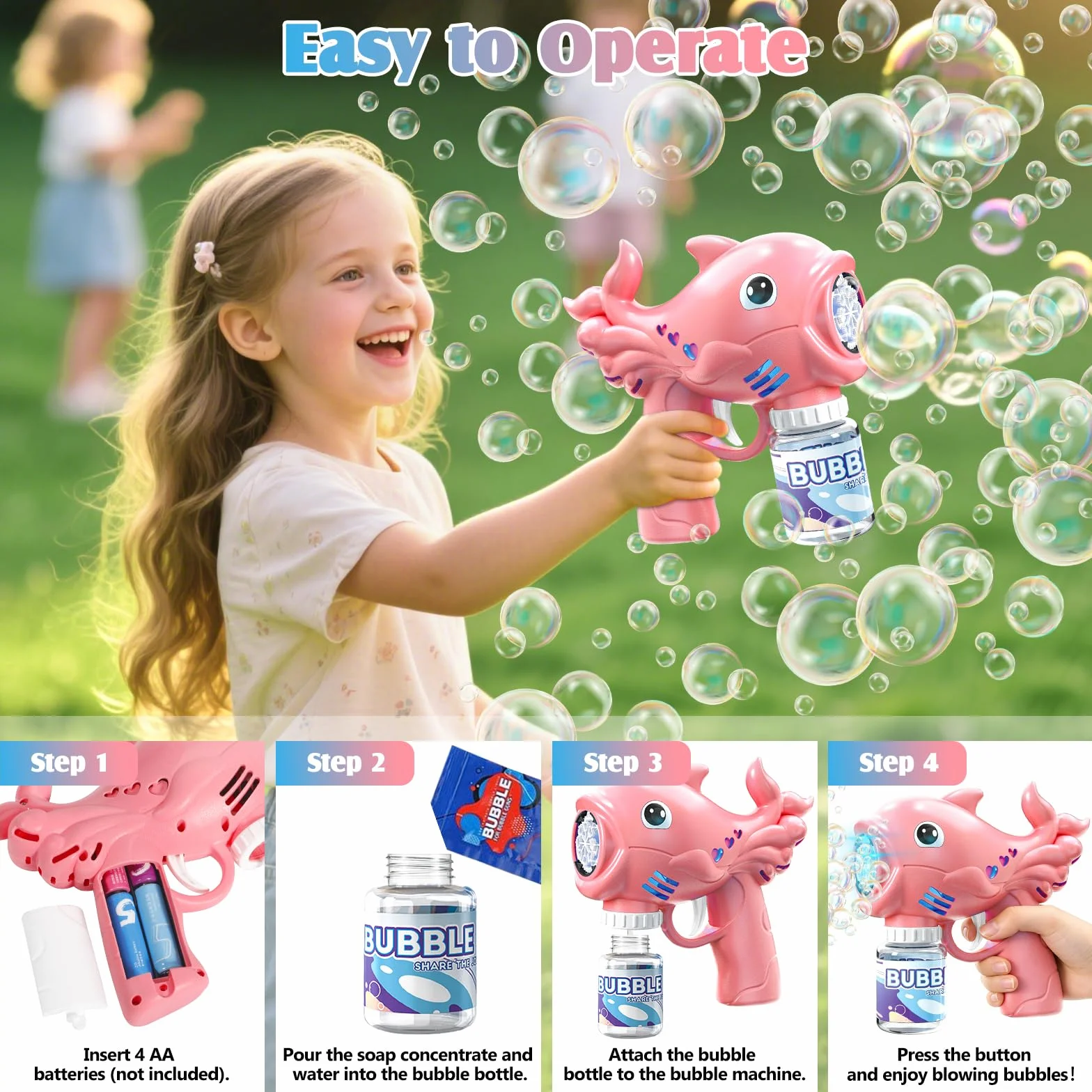 2 Pieces Pistola a Bolle per Bambini, Sparabolle di Sapone LED con 2 × 70ML Flaconi di Liquido per Bolle, Macchina Automatica per Bolle per Attività All'aperto, Feste e Matrimoni (Rosa e Blu)