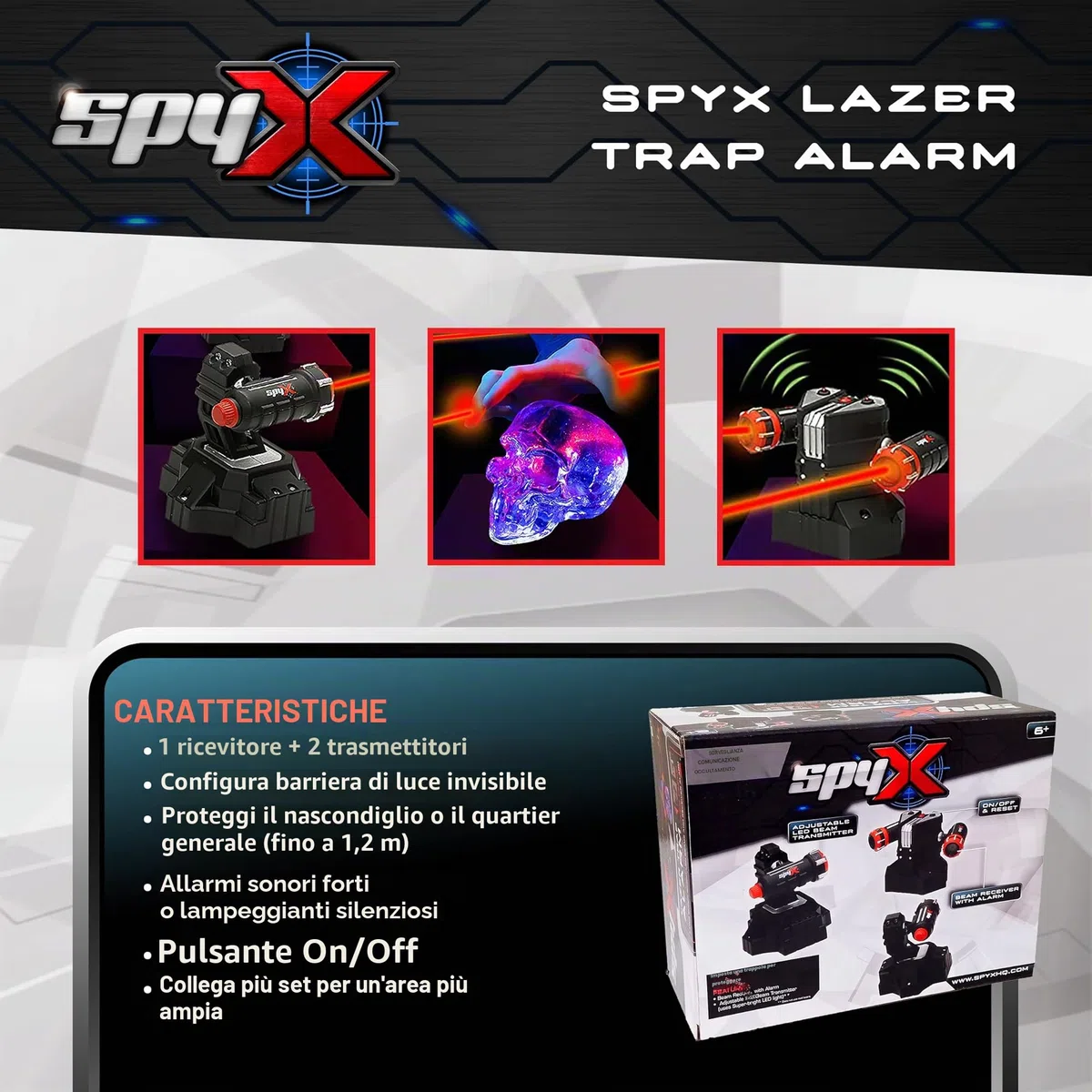 SpyX Lazer - Allarme Trappola per Bambini, proteggiti con fasci di Filo a LED Invisibili, per Divertenti missioni Spia, Include 2 fasci Super Luminosi e Ricevitore di Allarme, dai 6 Anni in su