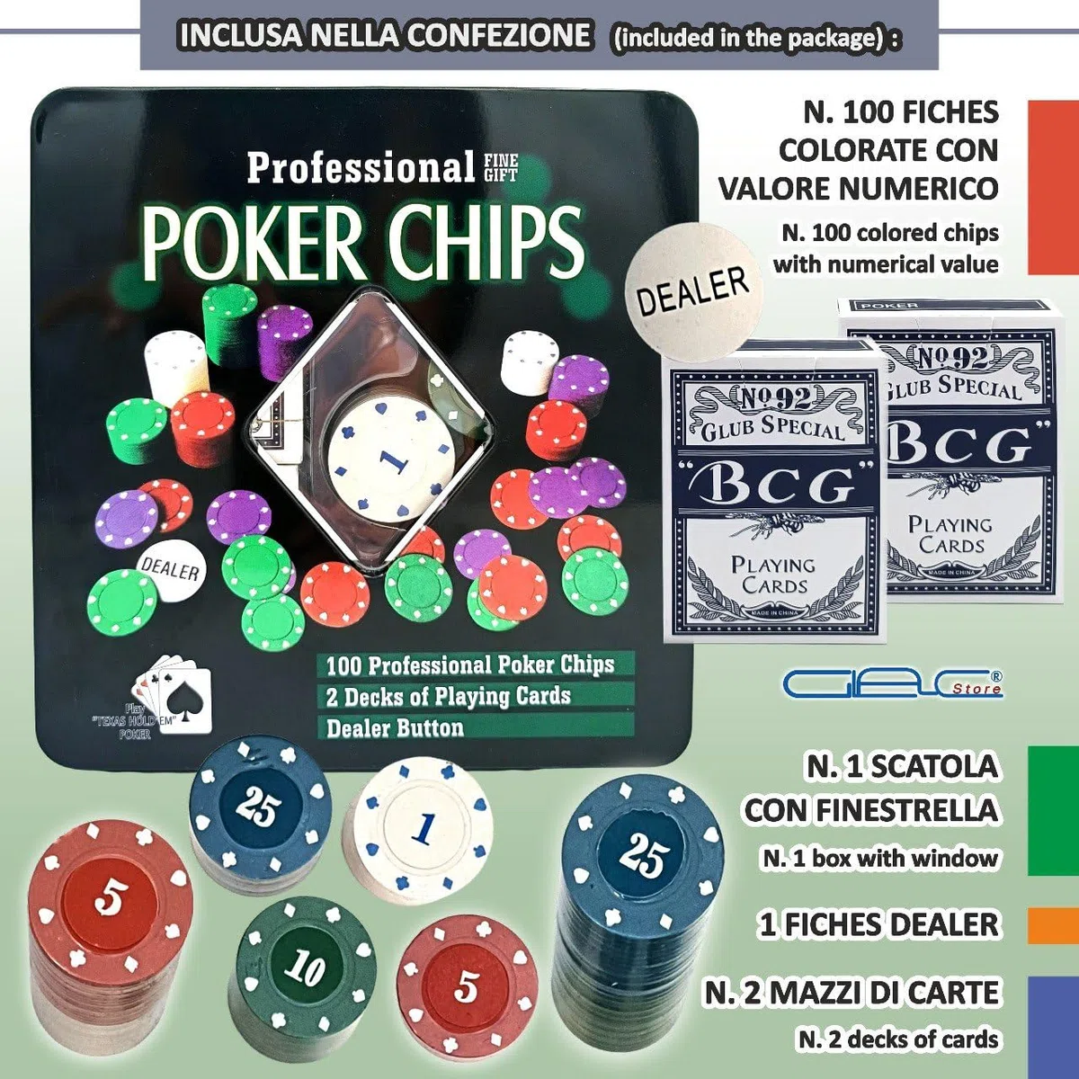 Set da Poker con Scatola in Metallo, 100 Fiches, 2 Mazzi di Carte, Fiches Dealer