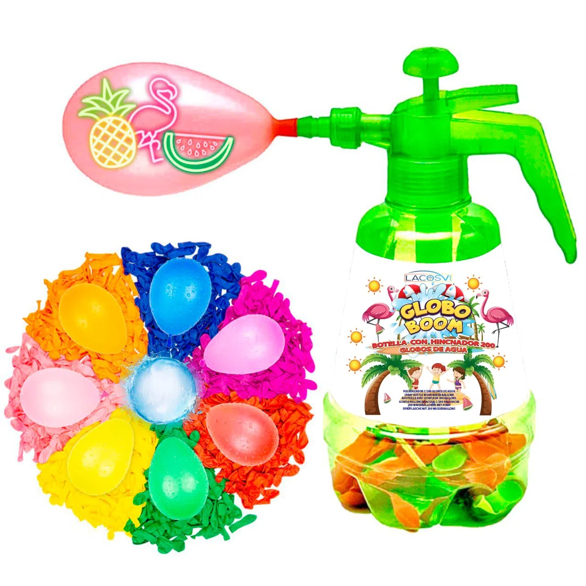 LACOSVI Flacone iniettore per riempire palloncini d'acqua super veloce, include 200 palloncini d'acqua nel gonfiatore realizzati in Spagna biodegradabili (bottiglia + 200 palloncini)