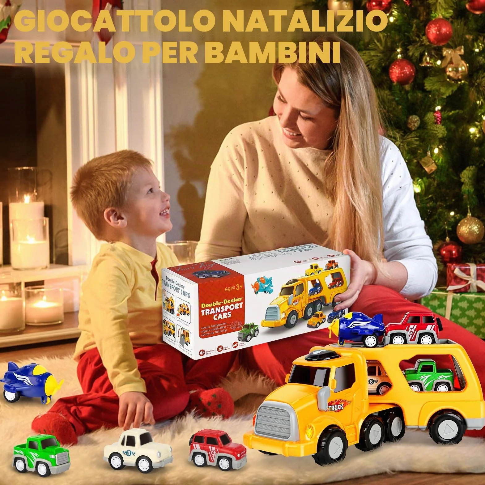 Aoskie Camion Macchinine 2 3 4 Anni, 5 in 1 con Suoni e Luci, 4 Mini Cars, Giocattolo Regalo per Bambino