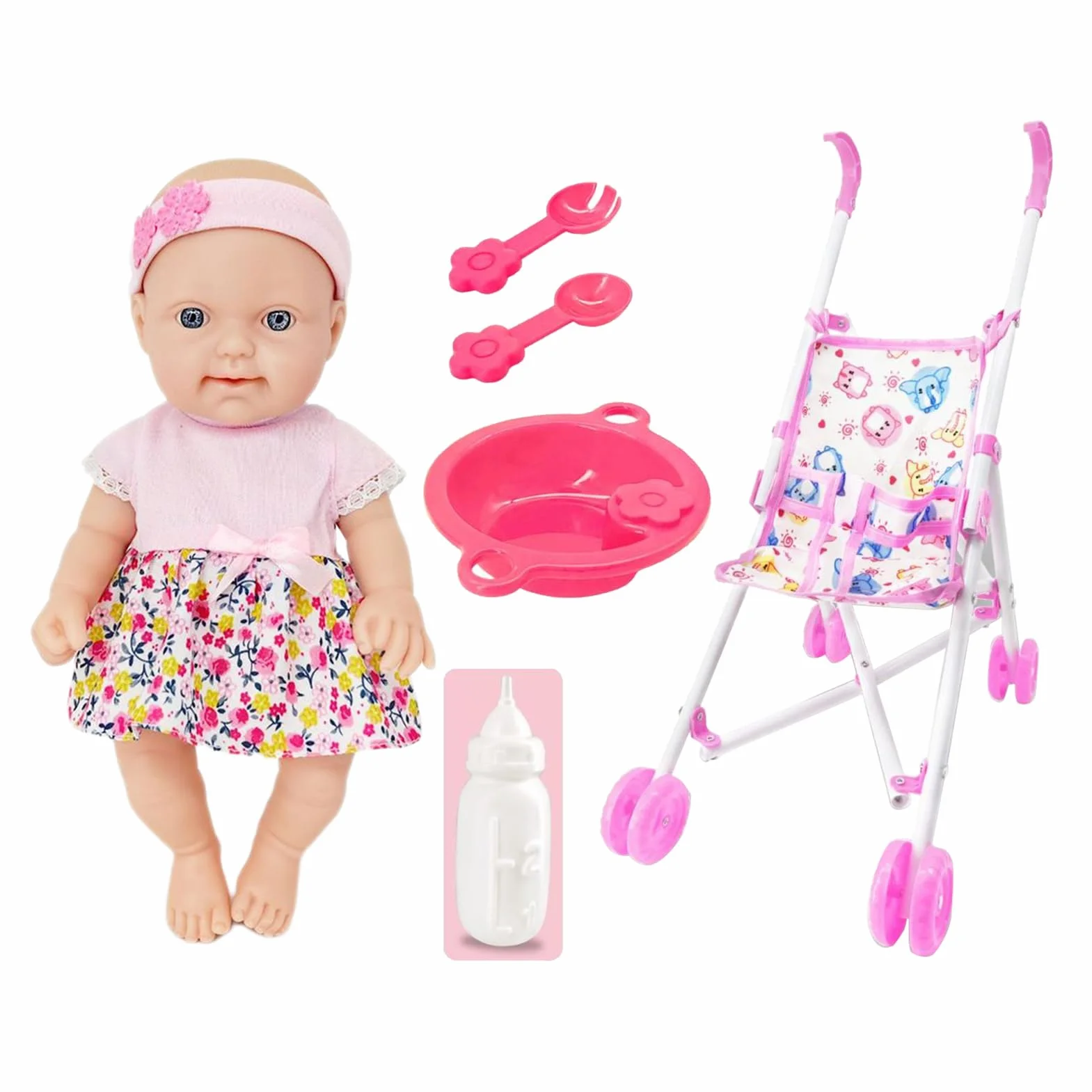 Set di passeggini per bambole, passeggino, set di giocattoli per ragazze, 10 pollici con per passeggino, bambole morbide per ragazze 3 anni in su, per bambini