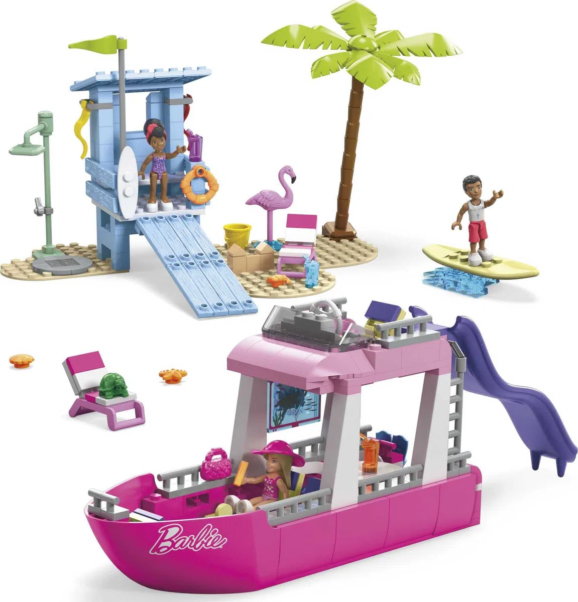 MEGA Barbie - Barca dei Sogni di Malibu, playset da costruire da 317 pezzi, include 3 mini bambole, 2 cuccioli e tanti accessori, giocattolo per bambini,, 6+ anni, HPN79