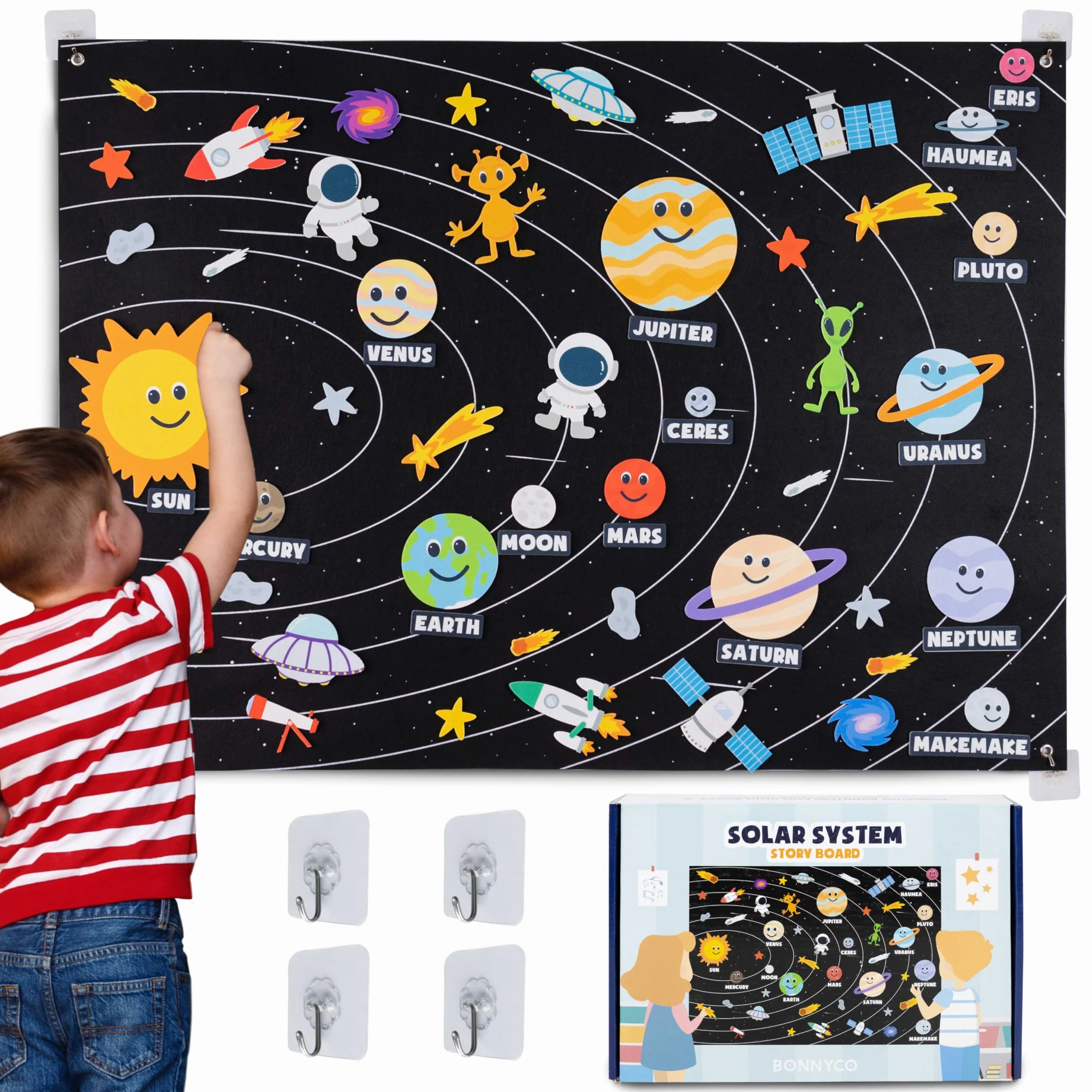 BONNYCO Sistema Solare per Bambini con 61 Figure in Feltro. Pianeti Sistema Solare Bambini, Giochi Bambino Bambina 3 4 5 6 7 8 Anni. Planetario Giochi Educativi Montessori, Regalo Giocattoli Natale