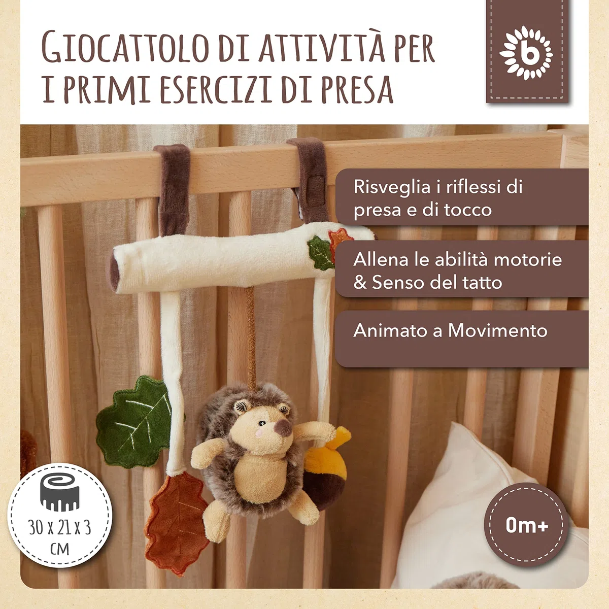 BIECO Catena per carrozzina a forma di riccio, ca. 30 x 21 cm, giocattolo maxi cosi, per lettino o box con ciondolo ad arco, gioco di attività, giocattolo mobile con anelli di presa
