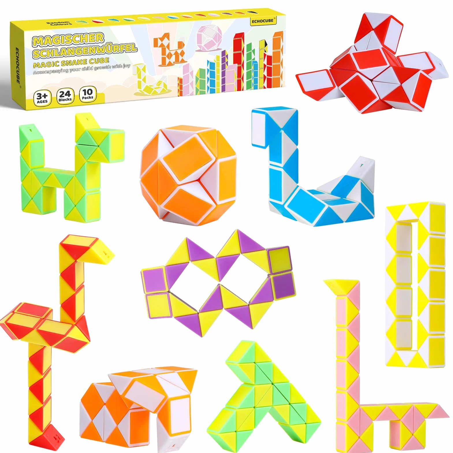 Cubo Serpente Magico, Confezione da 10 Pezzi, 24 Blocchi, Cubo Veloce, Idee Regalo per Feste, Giocattoli Rompicapo Serpente Girevole, Bomboniere per Bambini (Colore Casuale)