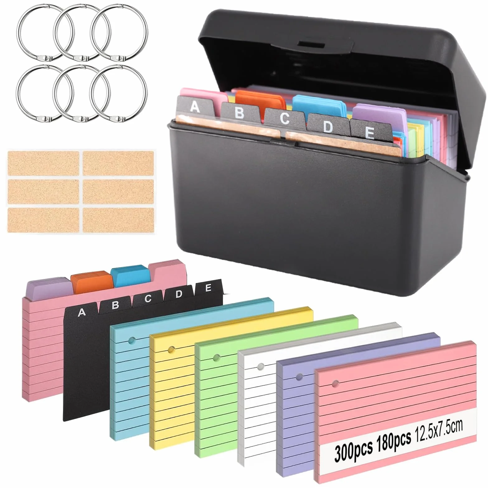 Scatola per Flashcards Nera con 400 Cartoncini Colorati A6, Schede Forate a Righe, 6 Anelli Metallici e Schede Indice A-E, Ideale per Appunti per Ufficio, Scuola, Casa Studio Appunti