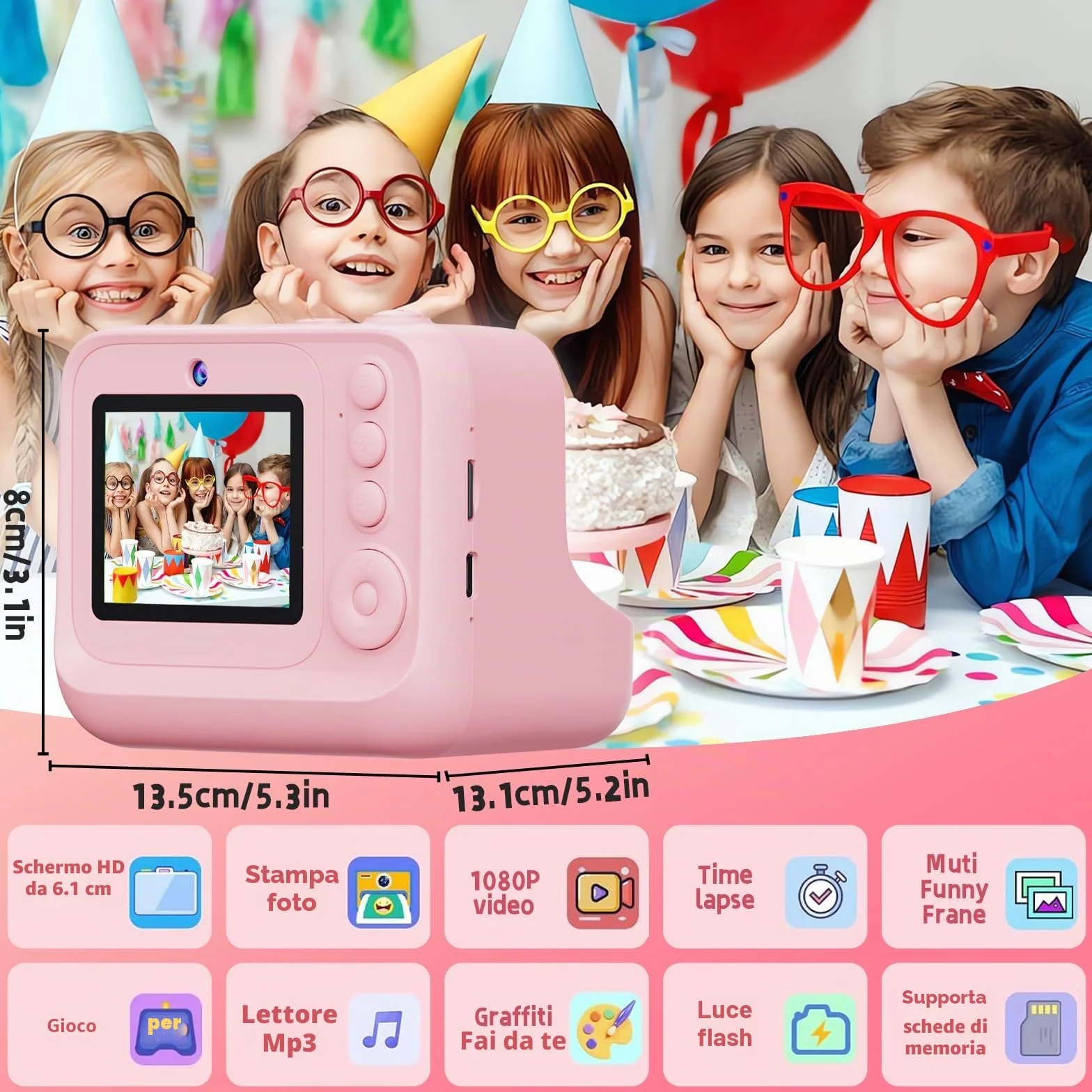 Fotocamera Istantanea per Bambini, Fotocamera Bambini HD 1080P con Schermo da 2,4 Pollici, Scheda da 32 GB e 3 Rotoli di Carta da Stampa, Ragazze e Ragazzi da 3 a 12 Anni (Rosa, carino)
