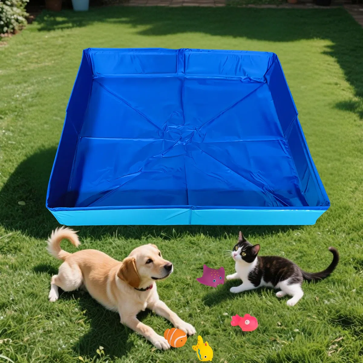 Piscina pieghevole per gatti e cani di piccola taglia, 50 x 50 x 10 cm, con 6 giocattoli per pesci, mini piscina per bambini, piccola piscina estiva per gatti, animali domestici (blu)