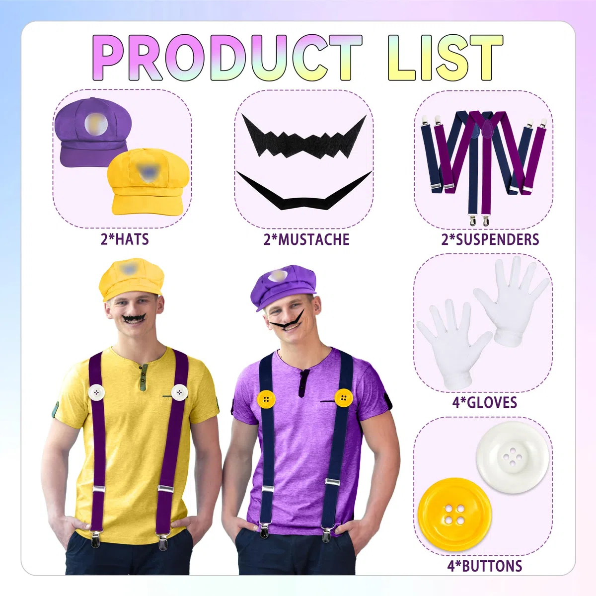Orgoue Super Brothers Costume Accessori, Super Bros Cappello Baffi Guanti Bottoni Bretelle Set per Adulti Bambini Donne Cosplay