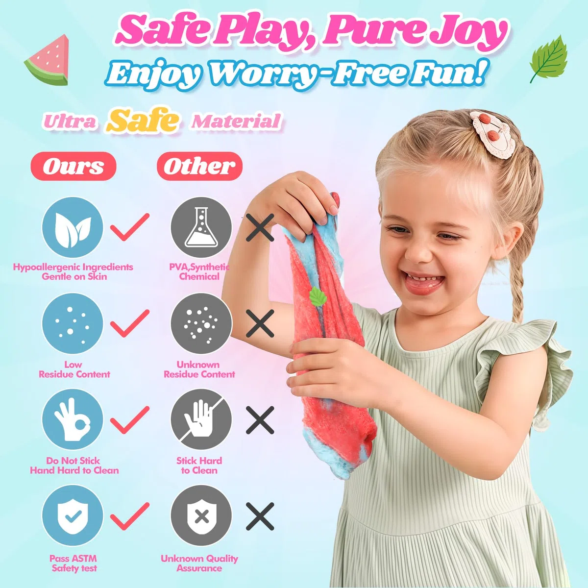 Set Slime Nuvola 2 Pezzi con Charms Anguria Rossa e Menta – Slime Profumato Fai-da-Te per Bambini e Bambine – Giocattolo Antistress Educativo – Regalo di Compleanno e Festa