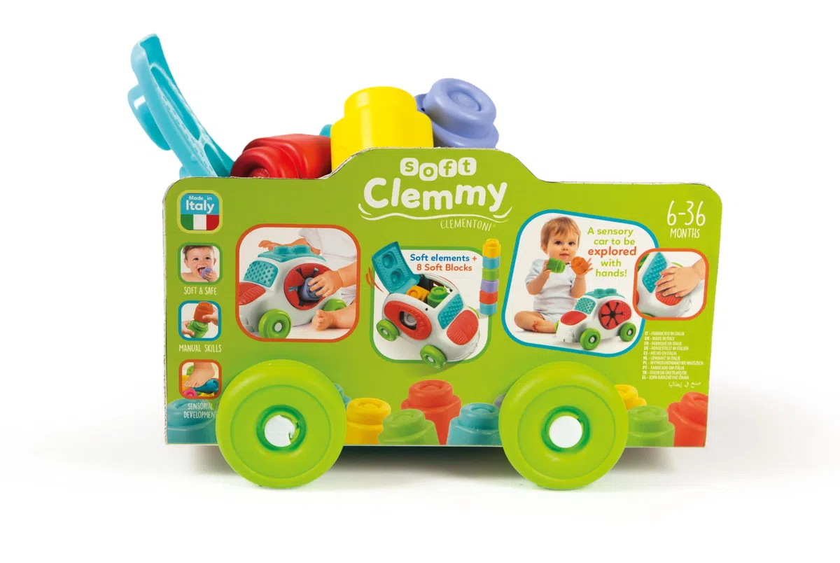 Clementoni Soft Clemmy - Touch, Move And Play Sensory Car, Bambini 6-36 Mesi, Macchinina Raccoglitore 8 Mattoncini, Gioco Prima Infanzia, Sviluppa Manualità e Percezione Tattile, Made in Italy, 17315