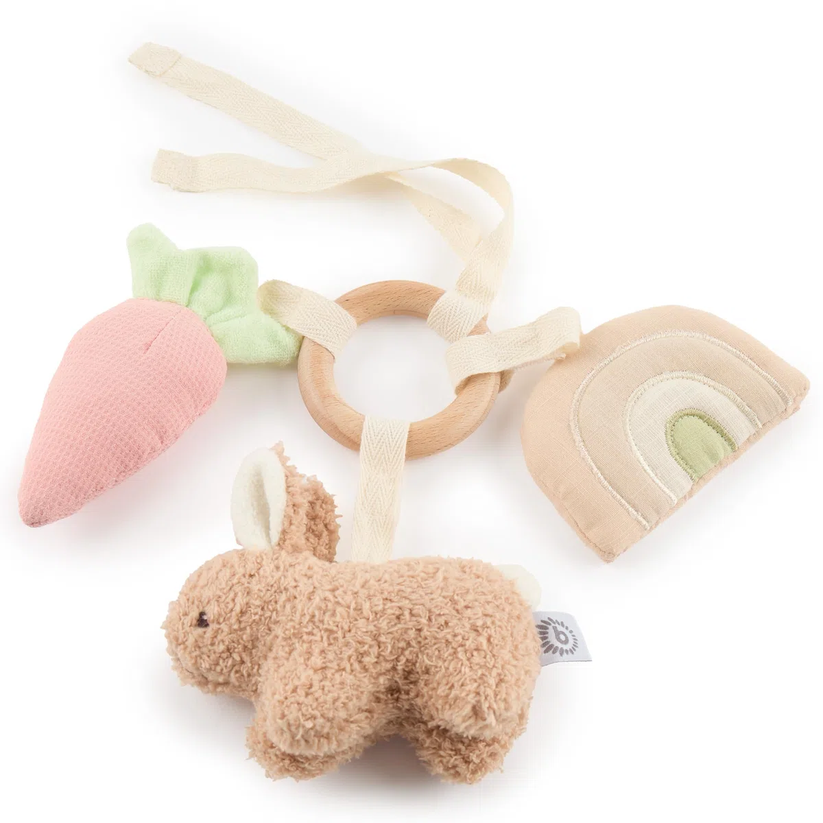 Bieco Activity giocattolo coniglietto fine | anello di presa in legno con sonaglio in peluche, elemento cigolio e pellicola scoppiettante | giocattolo per bambini a partire da 0 mesi
