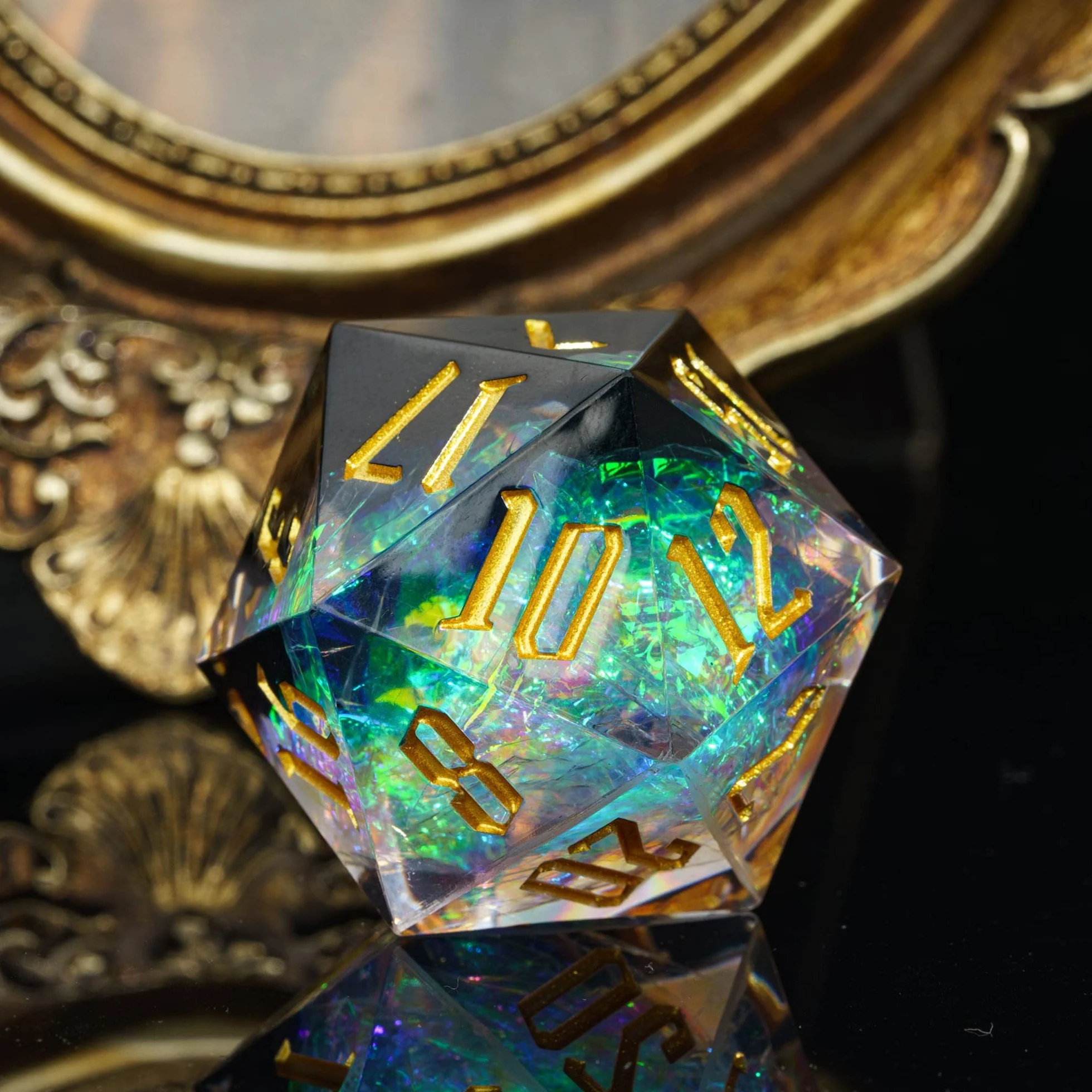 Cusdie Dadi D20 DND da 33 mm, con bordi affilati e inclusioni in lamina glitterata, dadi singoli da 20 lati, per giochi di ruolo come regalo per giochi di ruolo come dungeons e draghi (nero
