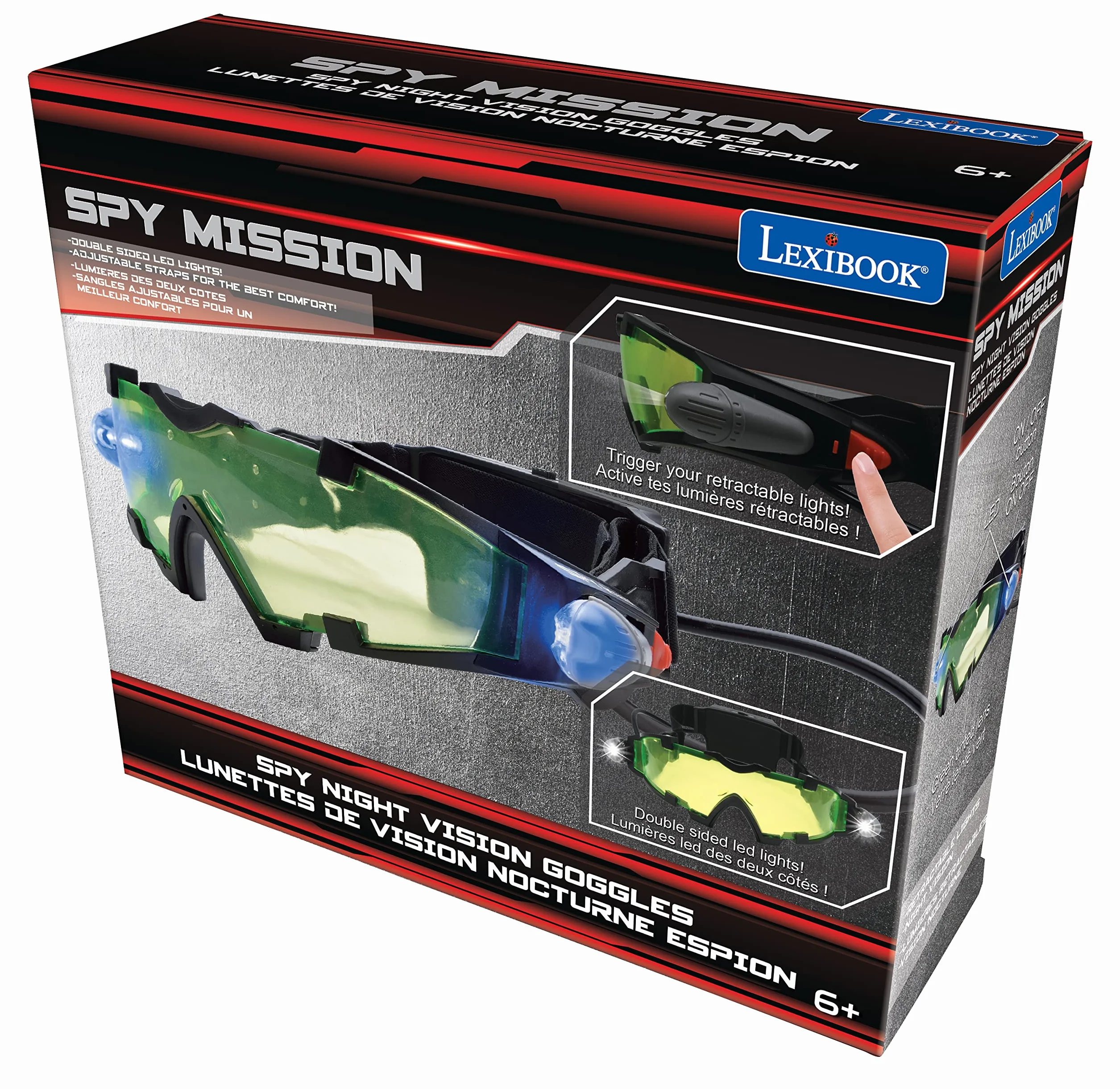 Lexibook - Spy Mission, Occhiali Spia per la Visione Notturna, luci LED a Scomparsa, Vetro colorato Verde, Elastici Regolabili, Nero, RPSPY04LXB